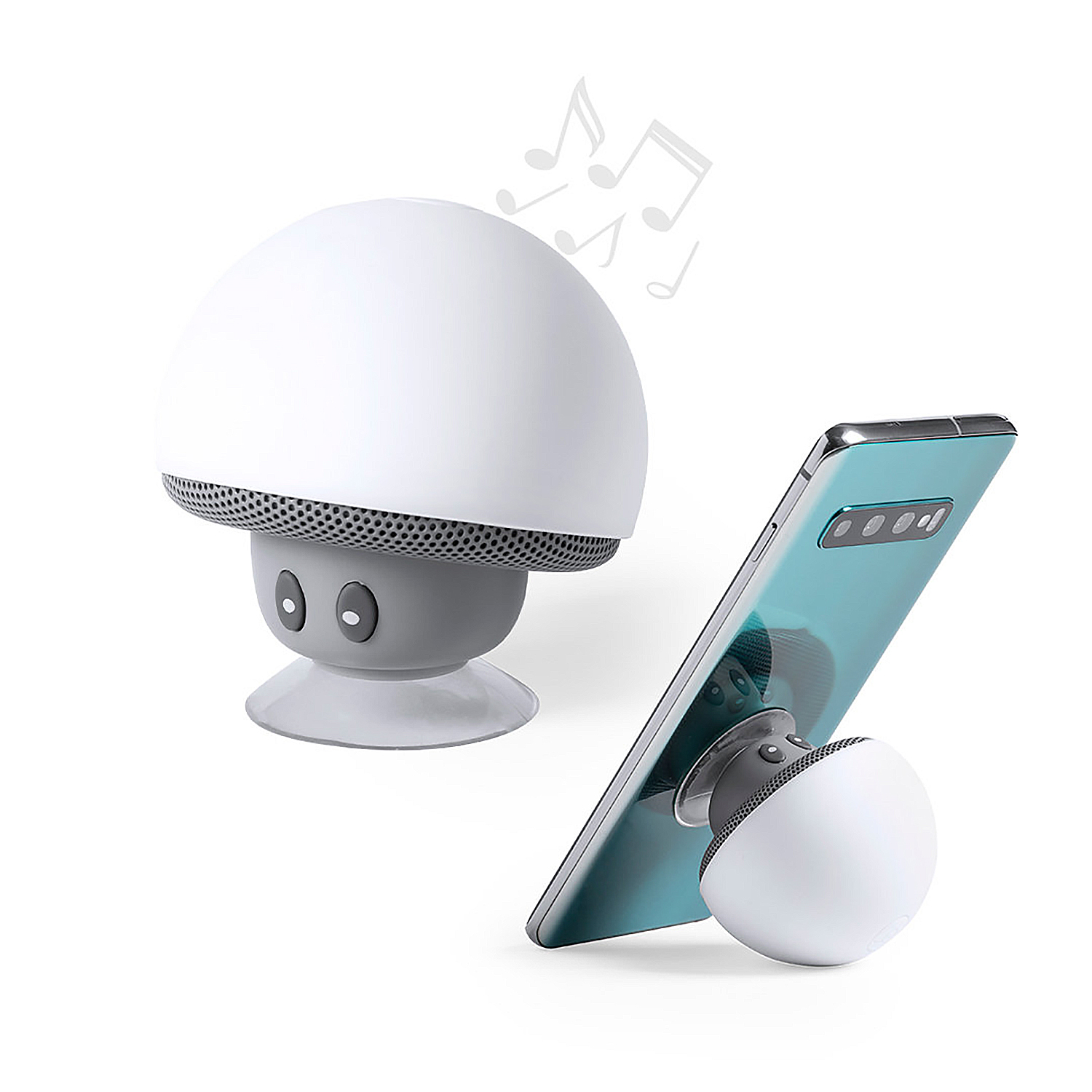 Altoparlante bianco a forma di fungo e un telefono con ventosa attaccata.