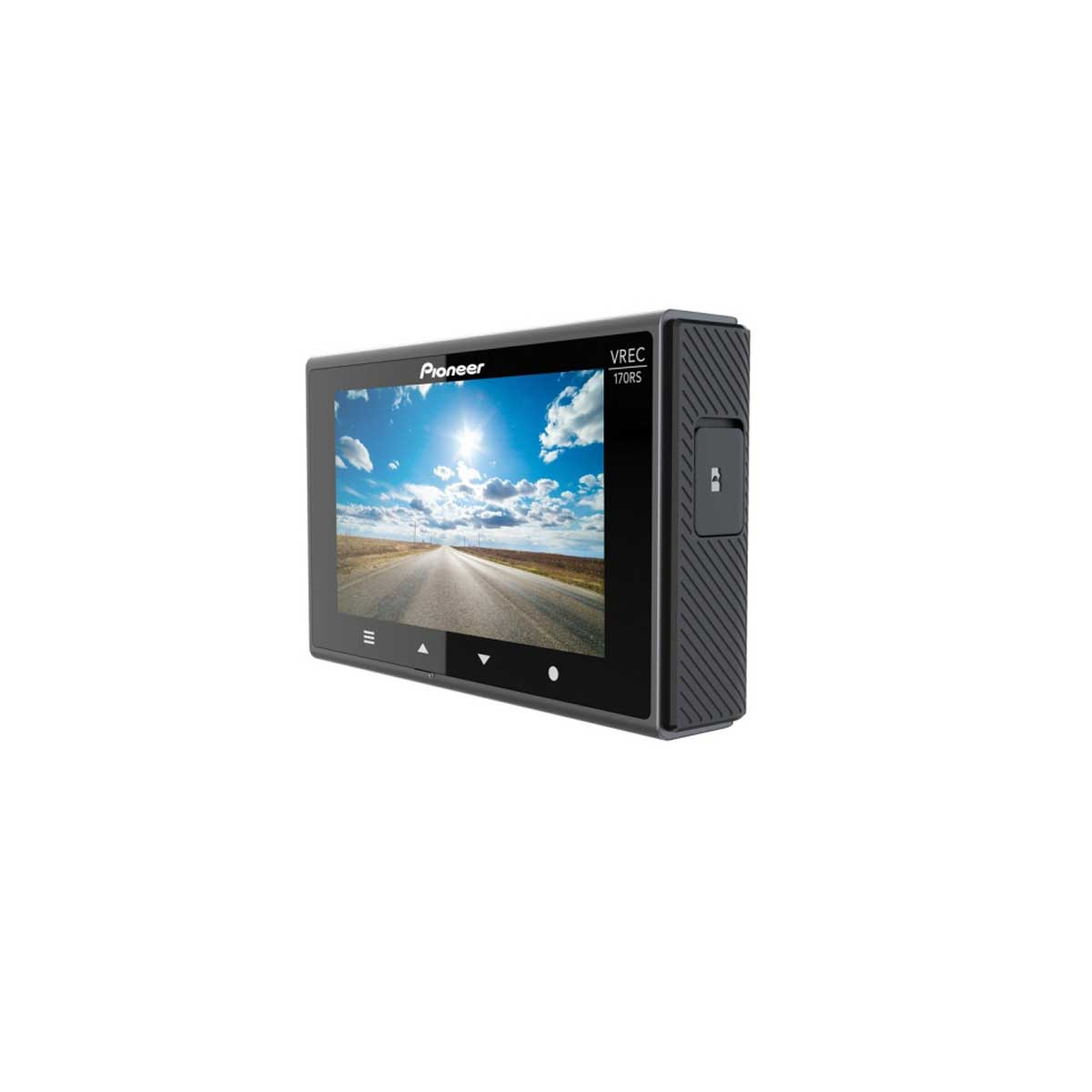 Schwarze Pioneer Dashcam. Zeigt eine Straße unter blauem Himmel. Die Kamera liegt auf weißem Grund.