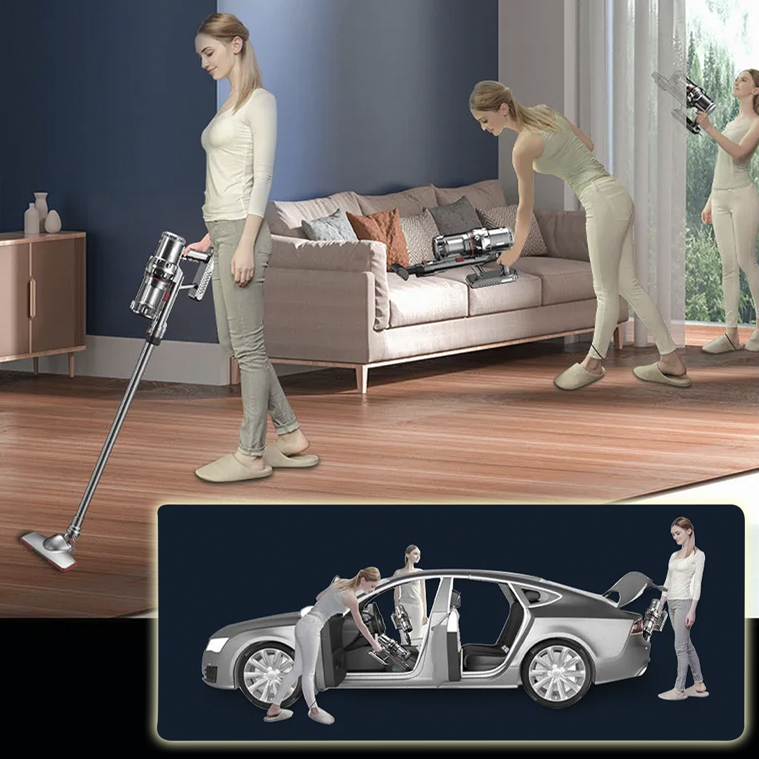 Mujeres usando una aspiradora en diferentes escenarios, incluyendo un coche y una casa.