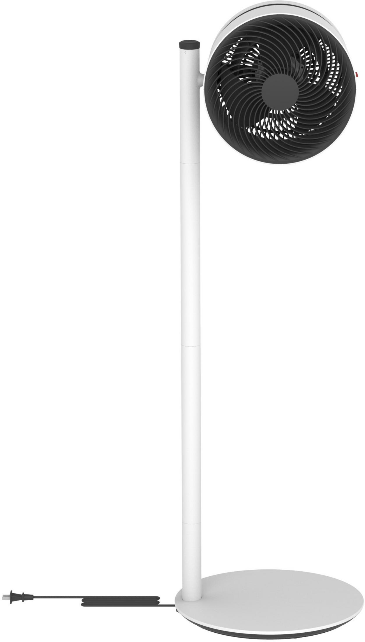 Ventilateur sur pied blanc et noir avec une base circulaire. Fond blanc.