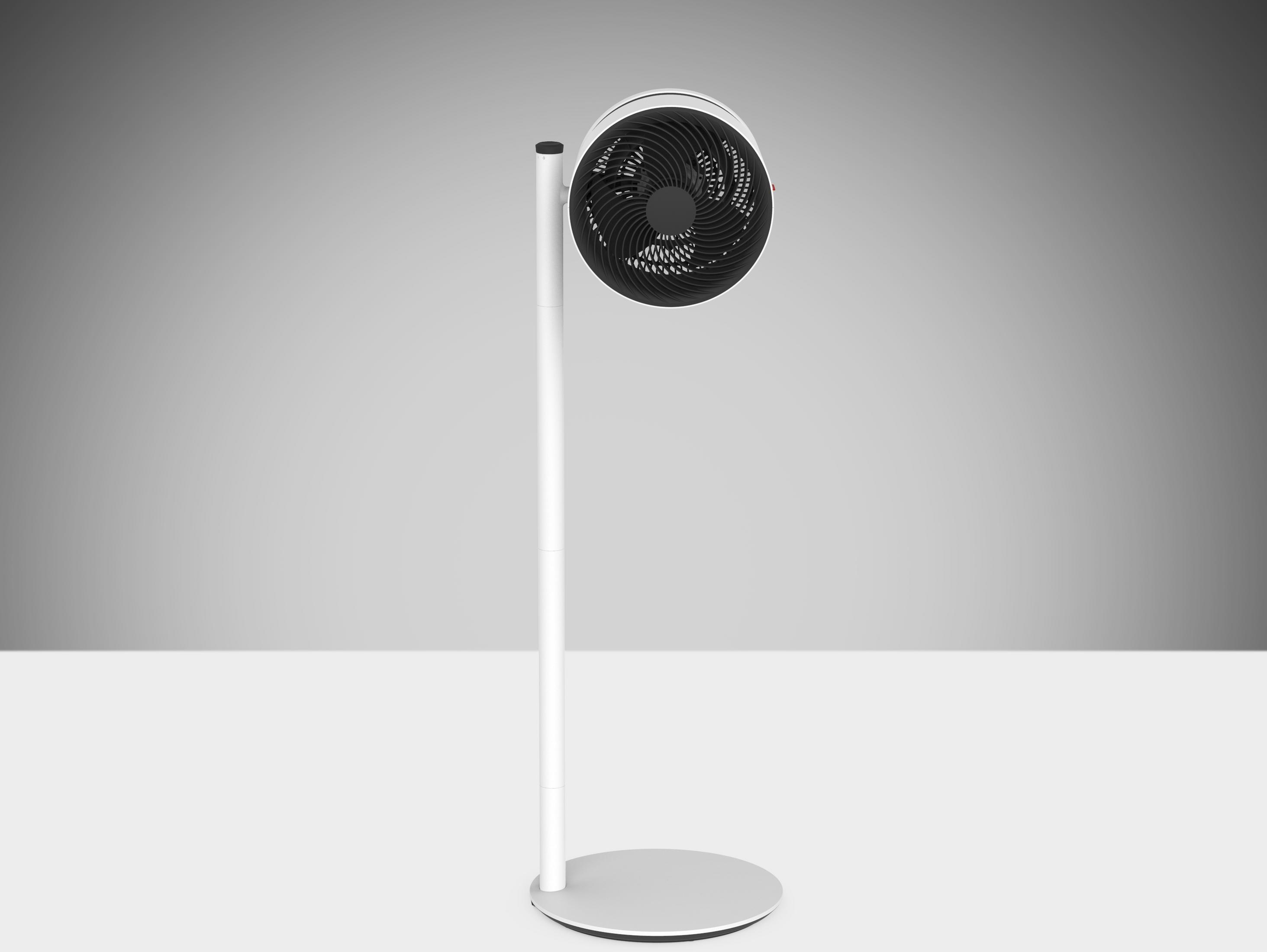 Ventilateur sur pied blanc et noir sur une surface blanche.