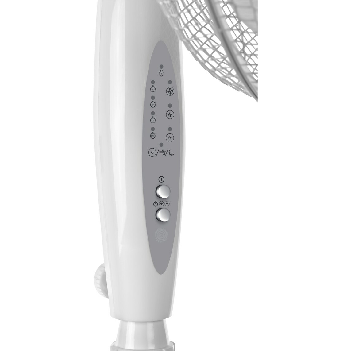 Biała podstawa wentylatora z panelem sterowania; kratka w tle.