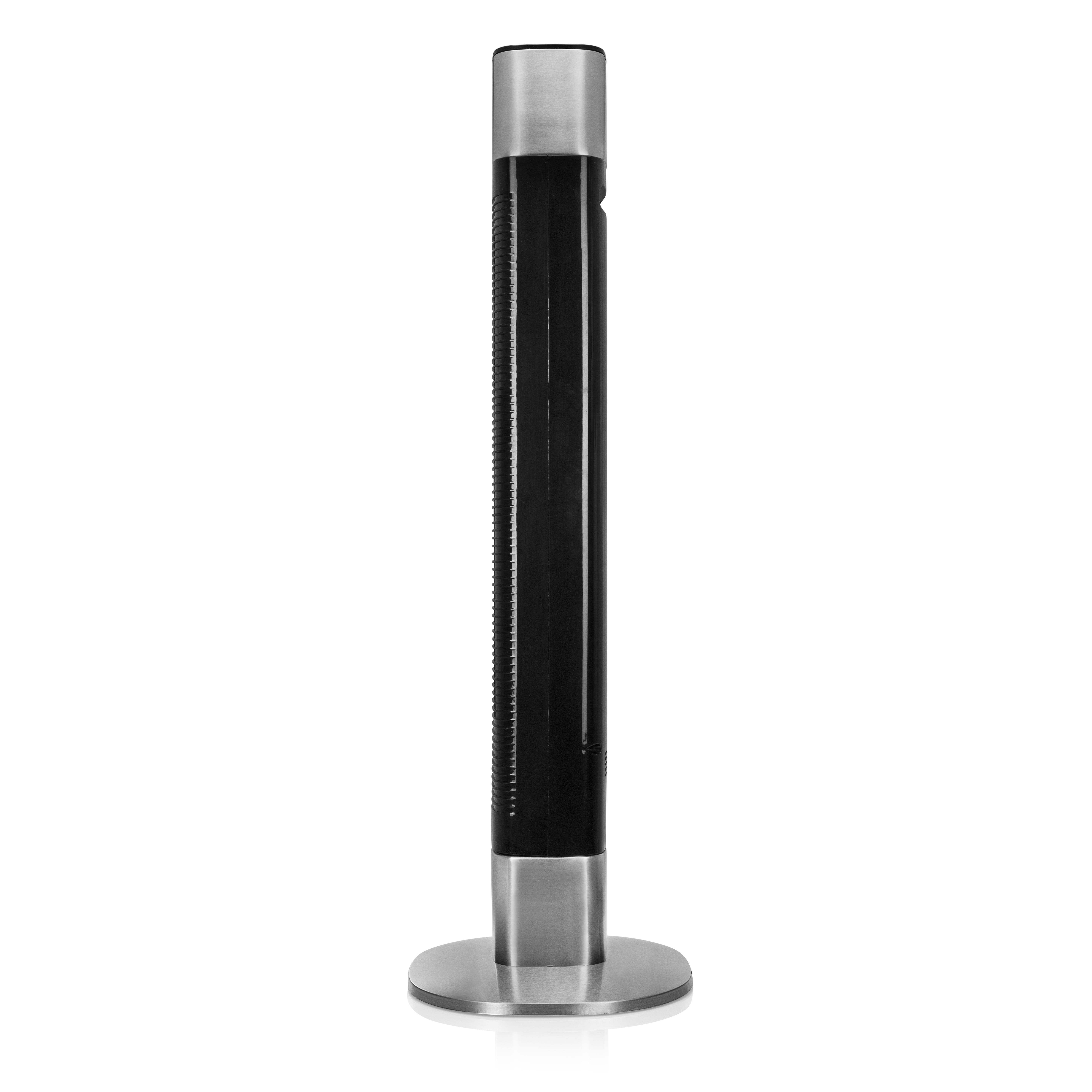 Wysoki czarno-srebrny wentylator z okrągłą podstawą, stojący pionowo.