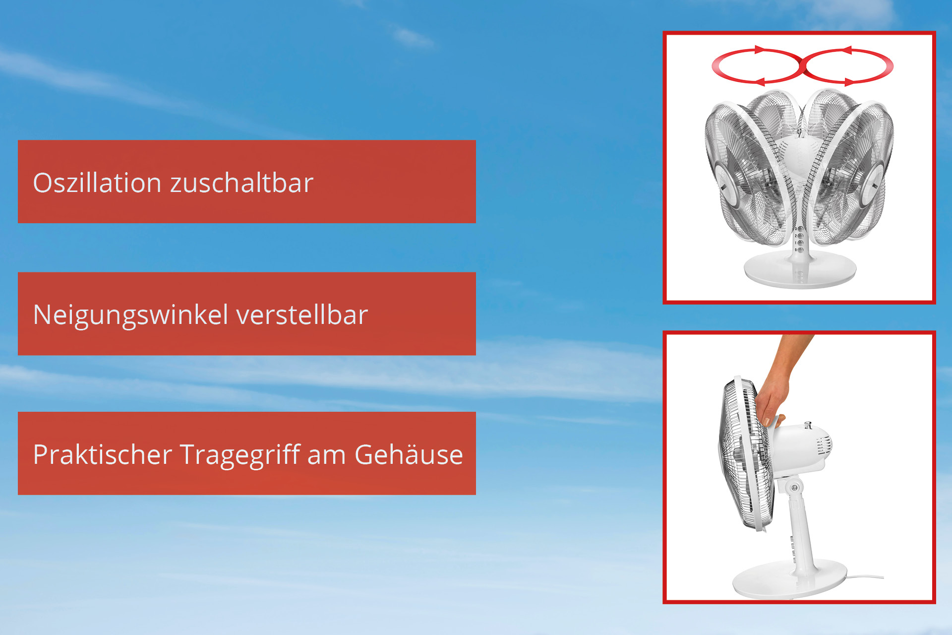 Diagramm eines Ventilators mit einstellbarer Oszillation, Neigungswinkel und Griff, blauer Himmel.