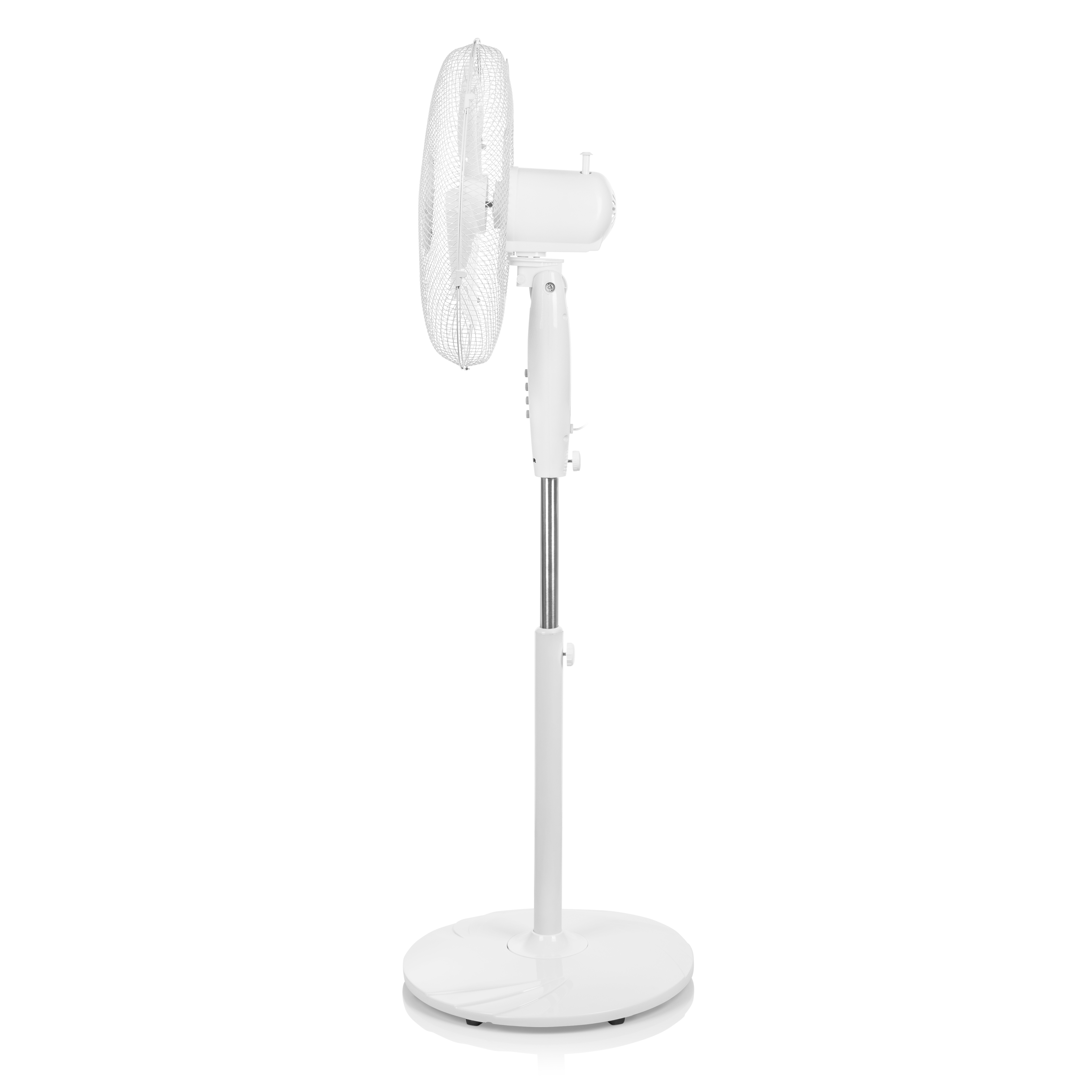 Ein weißer Standventilator mit rundem Fuß. Er hat ein Schutzgitter und ist höhenverstellbar.