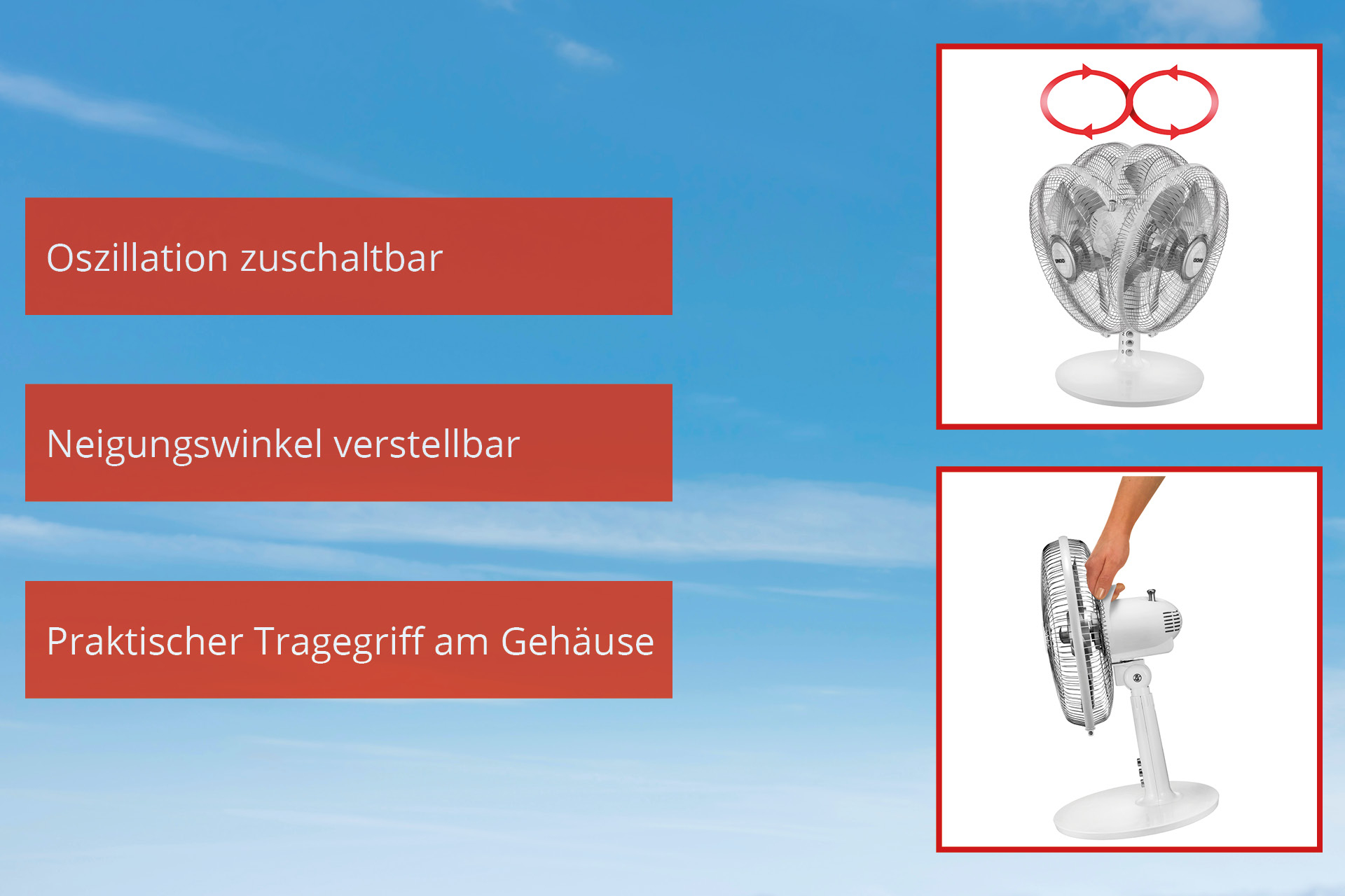 Biały wentylator z tekstem o oscylacji, regulowanym kącie i uchwycie do przenoszenia na tle błękitnego nieba.