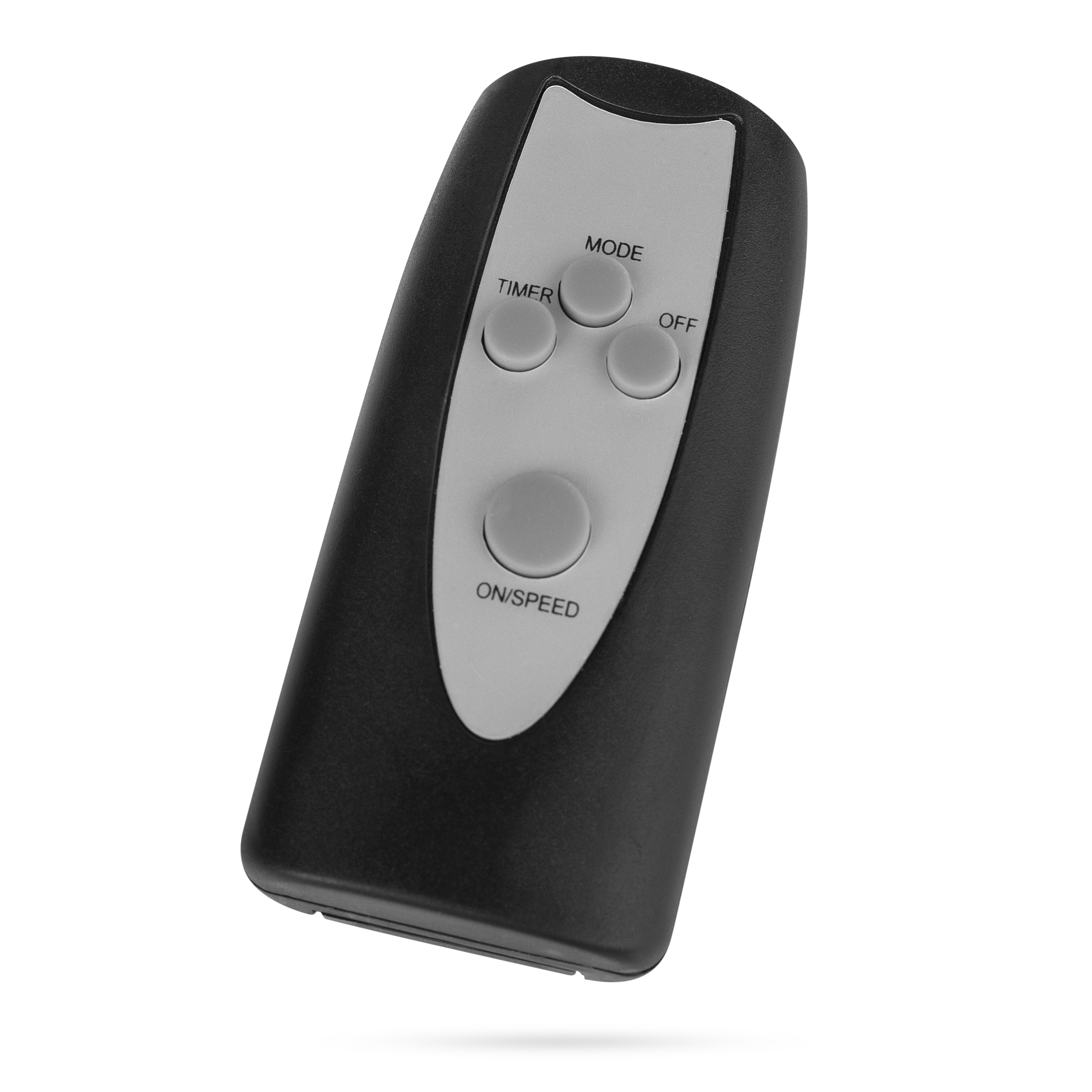 Mando a distancia negro con tres botones: temporizador, modo, apagado/velocidad, fondo blanco.