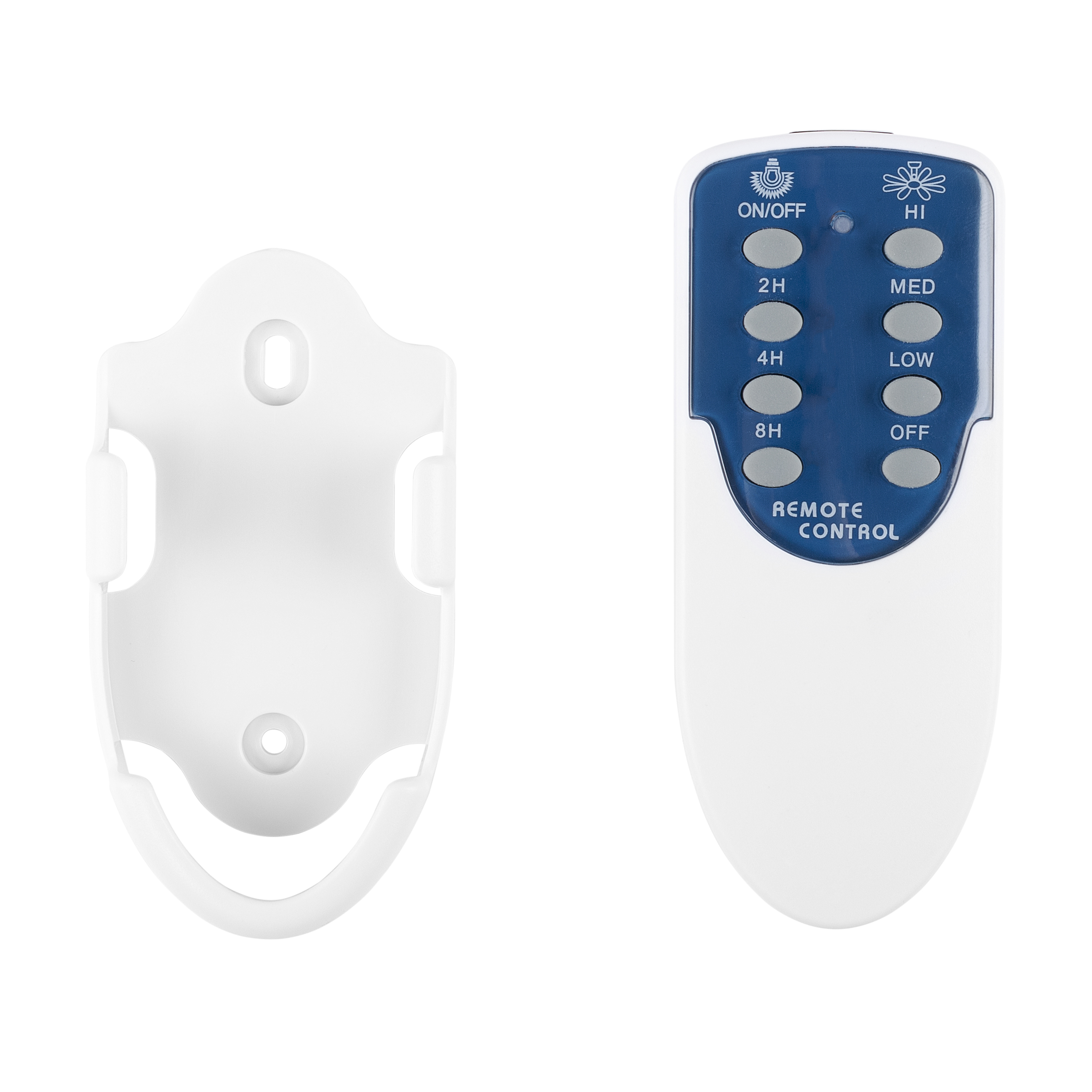 Biały pilot i uchwyt ścienny. Przyciski na pilocie. Białe tło.