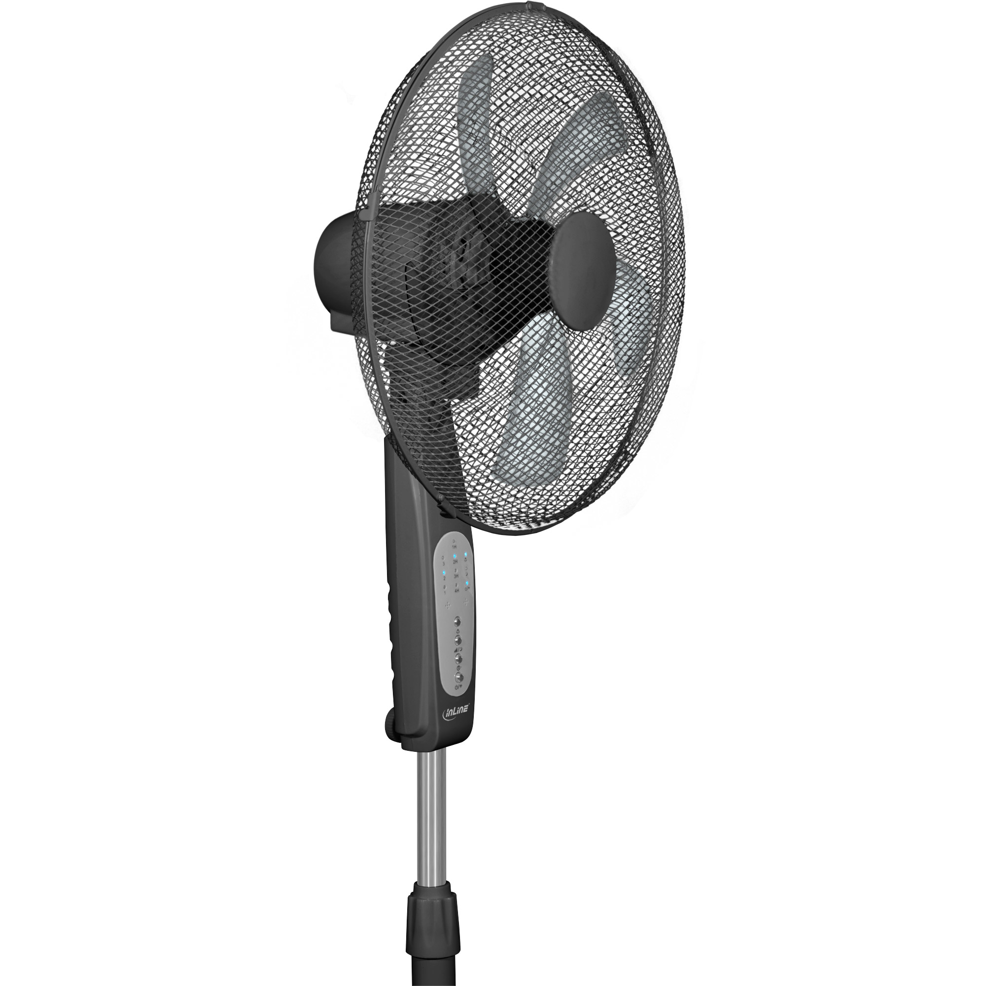 Un ventilador de pie negro con una jaula protectora y un panel de control.