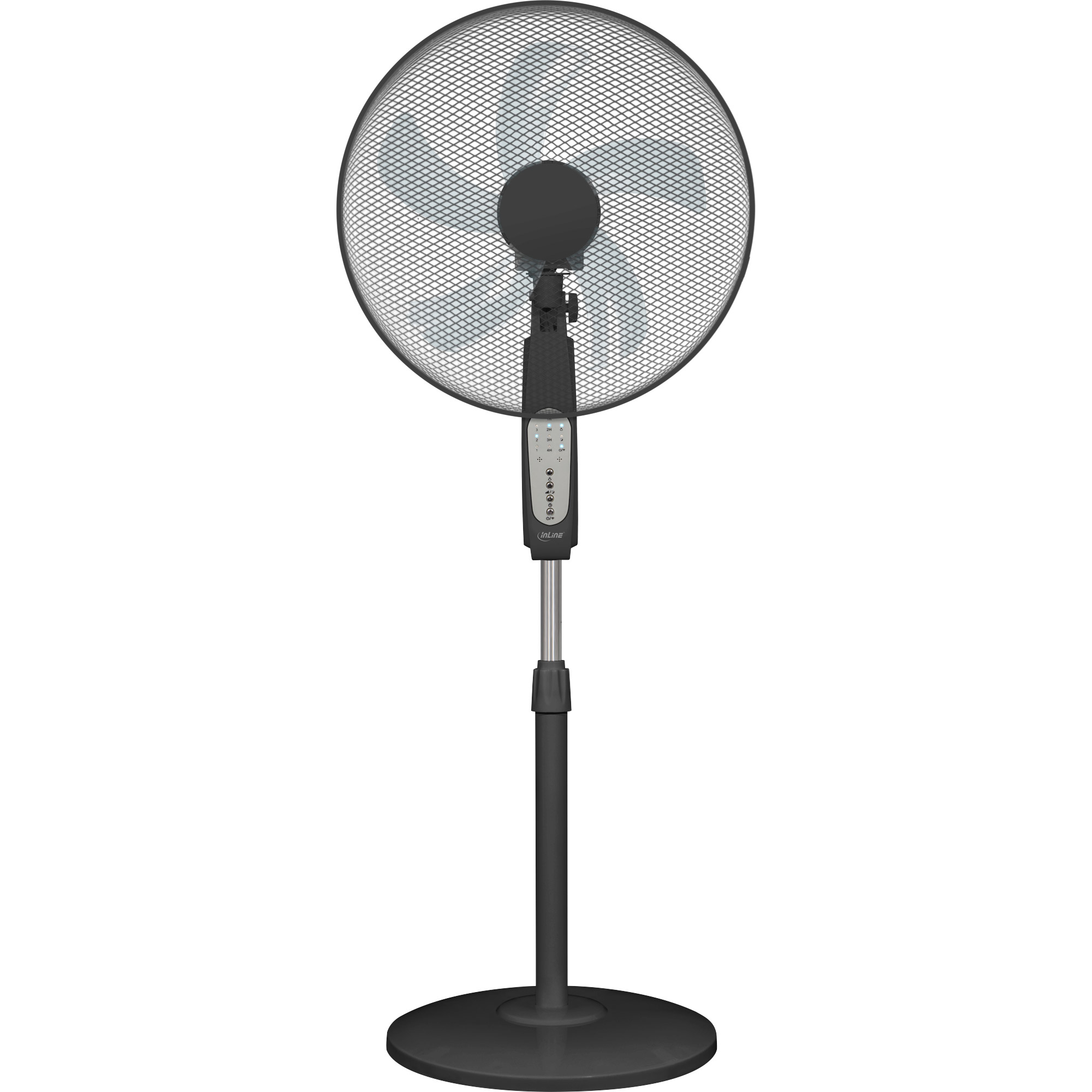 Un ventilador de pie negro con una cubierta de malla y una base circular.