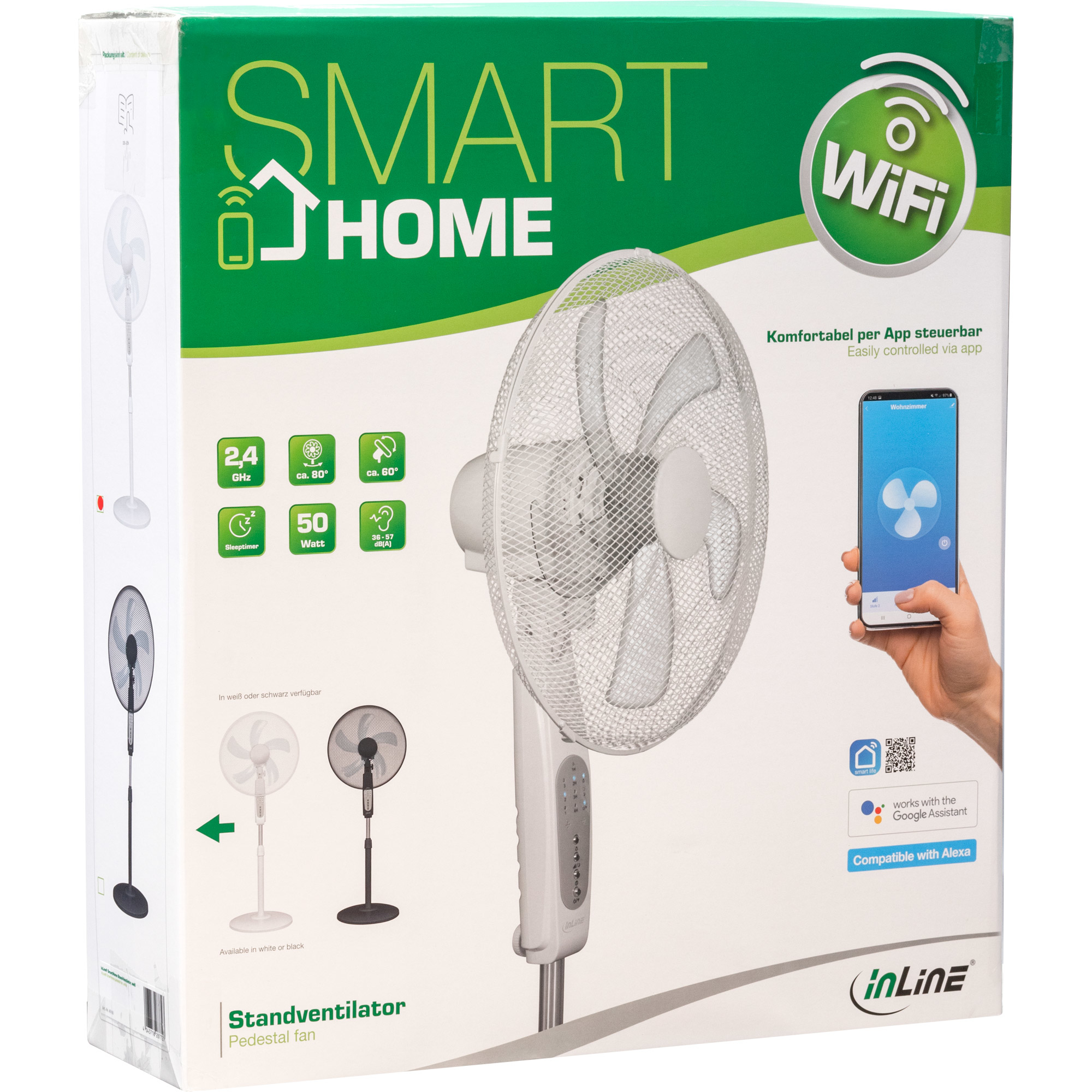 Una caja de un ventilador de pedestal Smart Home. Tiene un marco blanco y aspas.