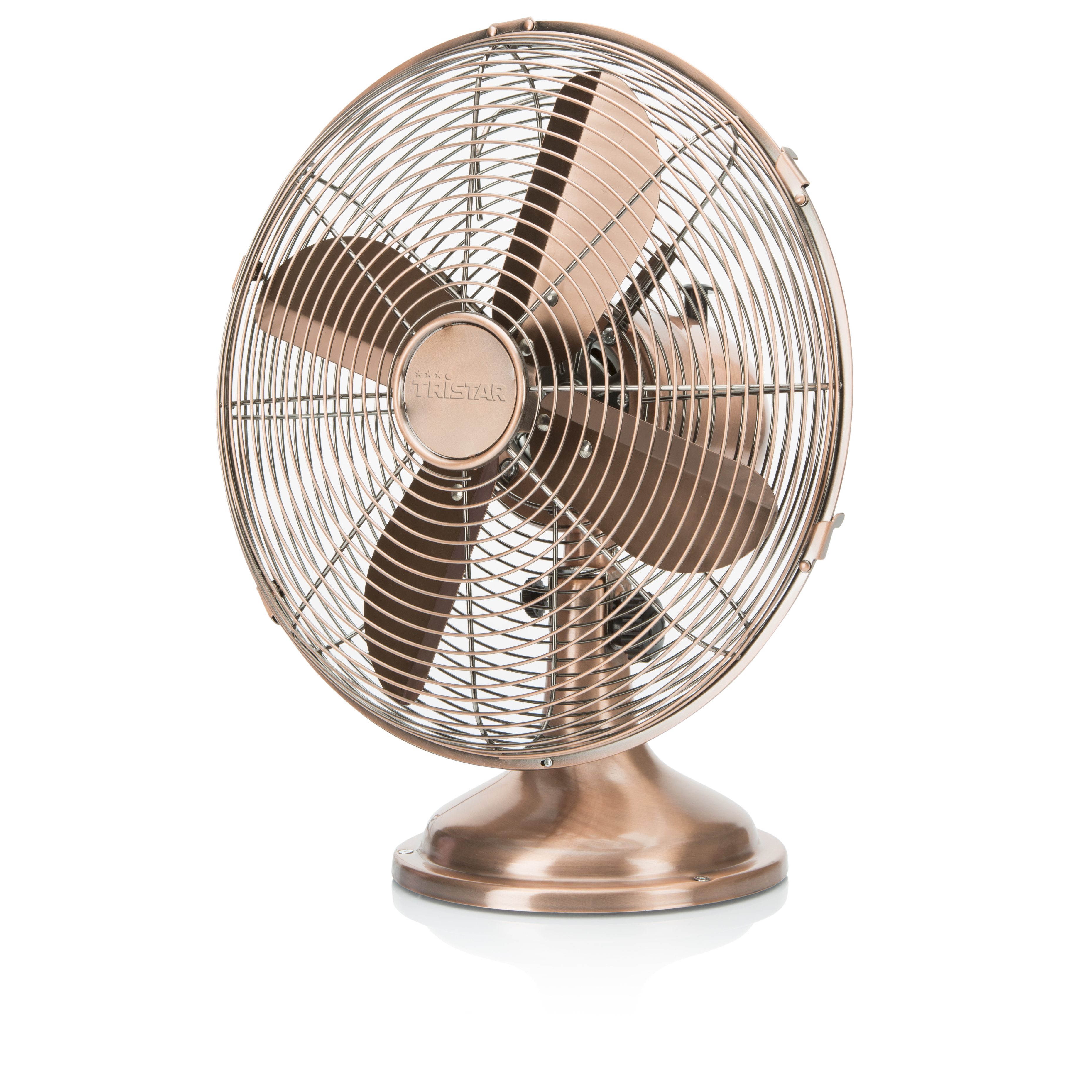 Ein bronzefarbener Retro-Ventilator mit rundem Käfig und Ständer. Die Flügel sind bronze.