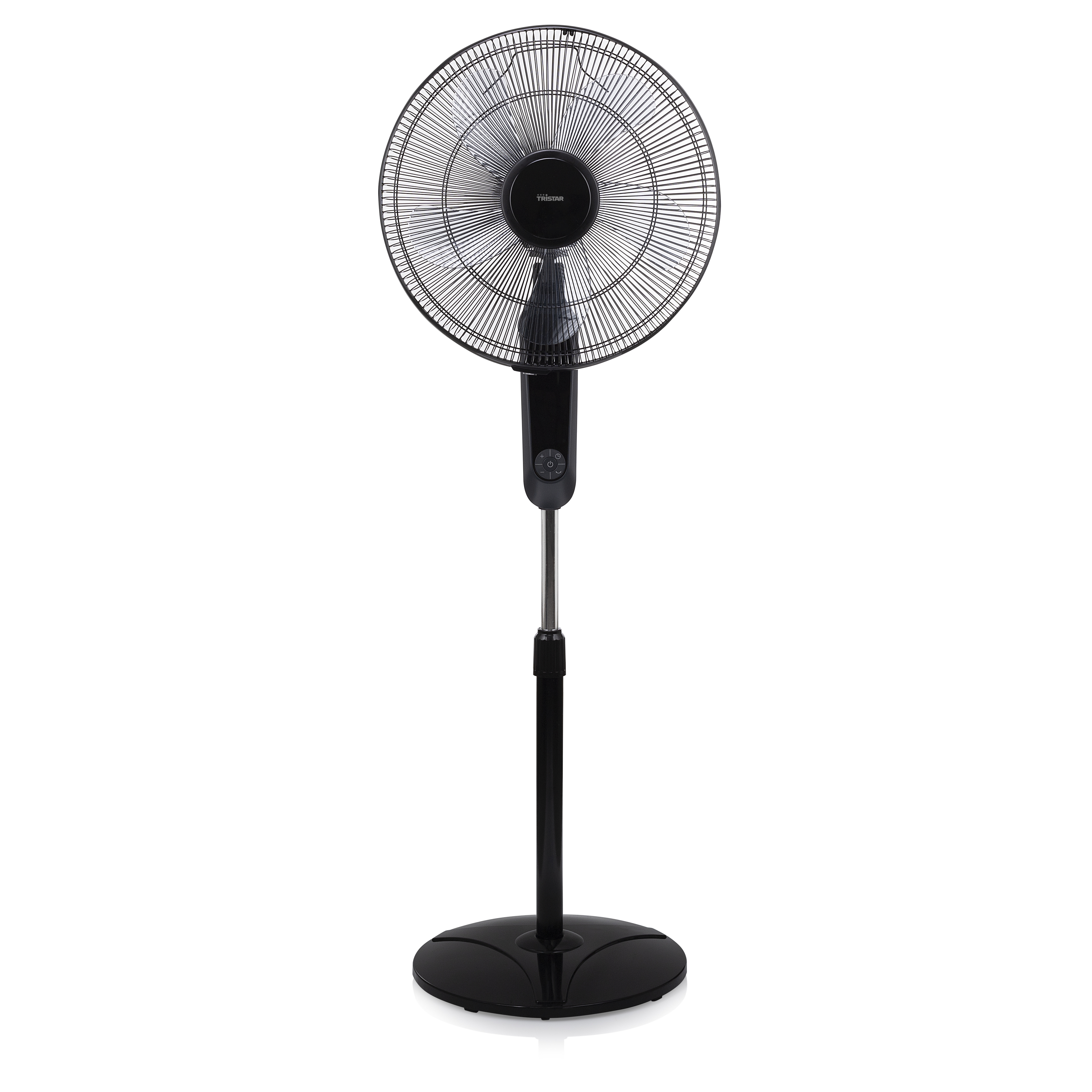 Schwarzer Standventilator mit kreisförmigen Blättern, schwarzem Sockel und silberner Stange.