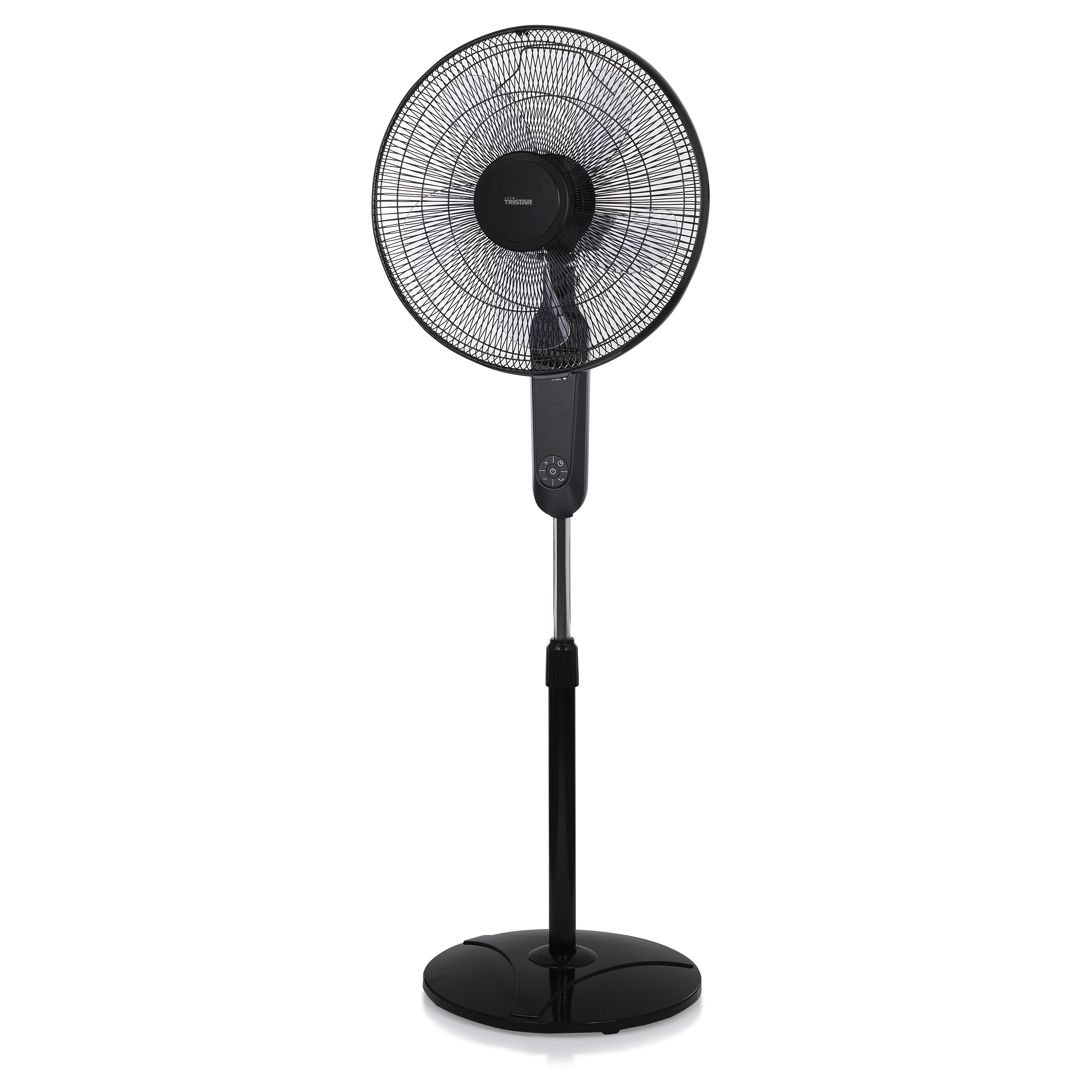 Schwarzer Standventilator auf weißem Hintergrund, Vorderansicht.