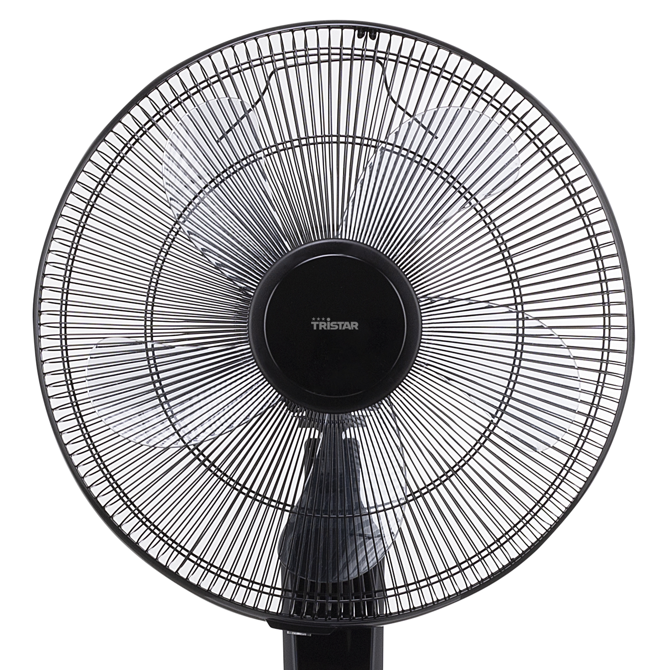 Schwarzer Standventilator. Der Ventilator hat einen schwarzen Käfig und einen schwarzen Sockel. Auf weißem Hintergrund.