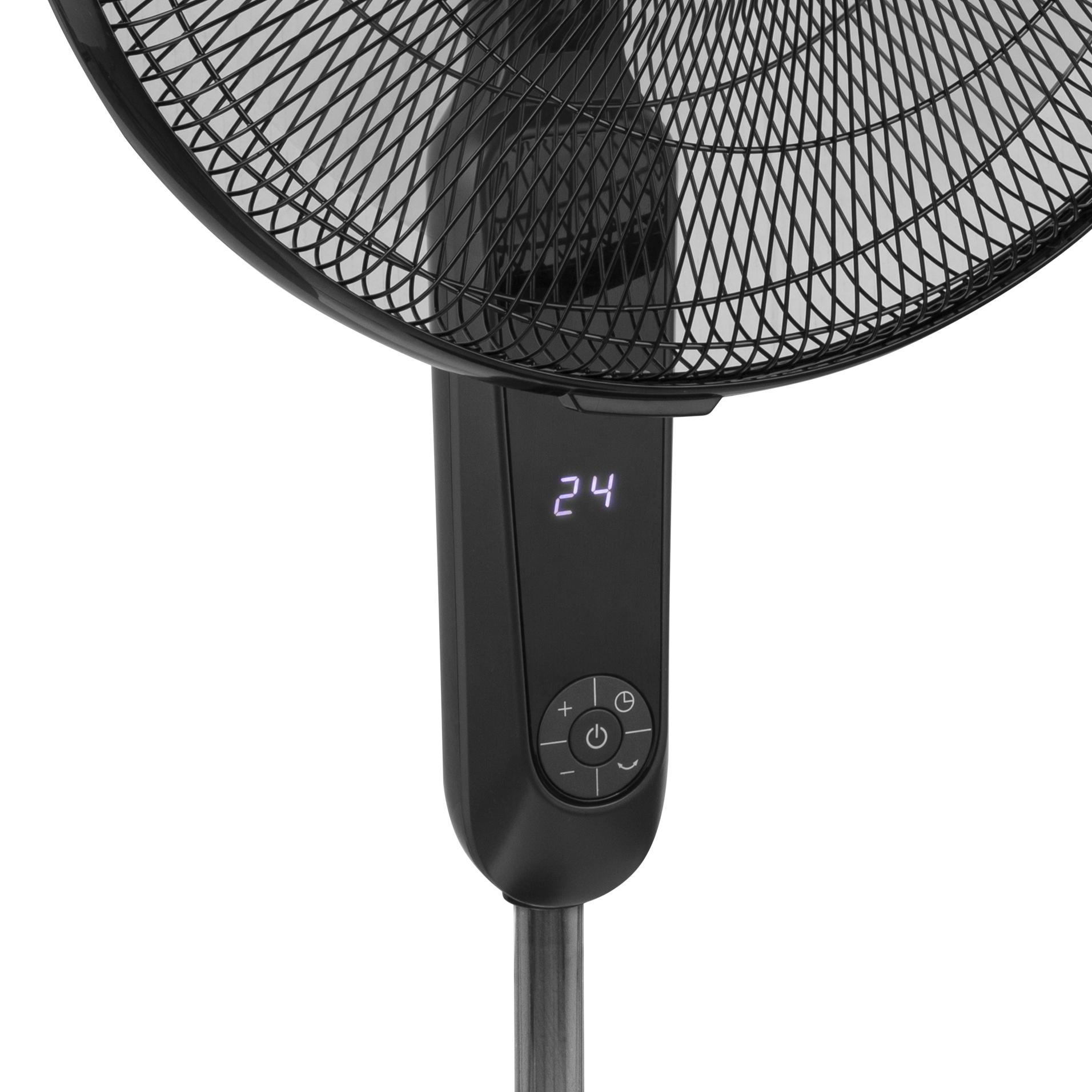 Ein schwarzer Ventilator mit digitaler Anzeige mit der Zahl 24. Der Sockel ist silber.