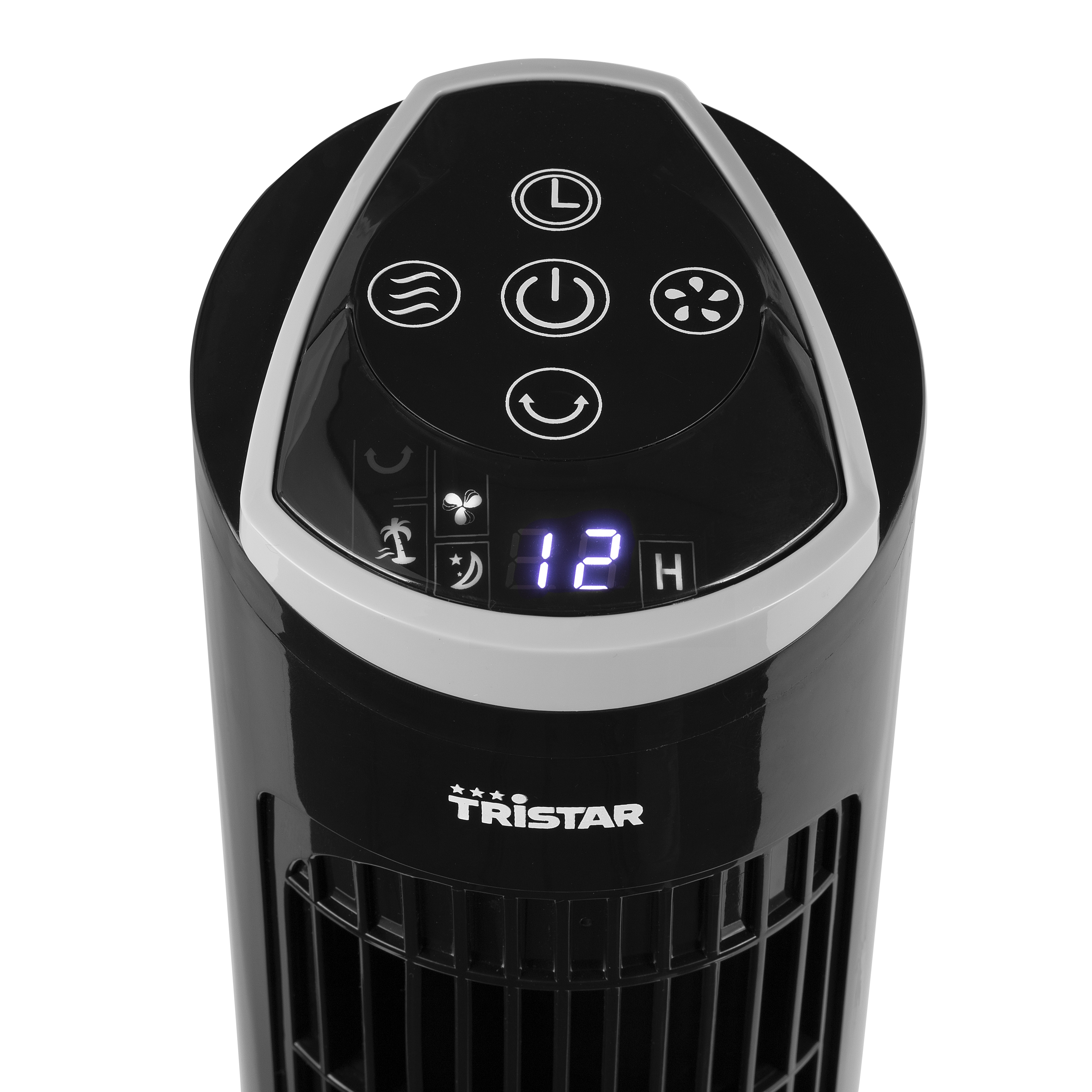 Zwarte torenventilator met bedieningspaneel. Display toont 12H. Knoppen voor timer, aan/uit en ventilatorsnelheid.