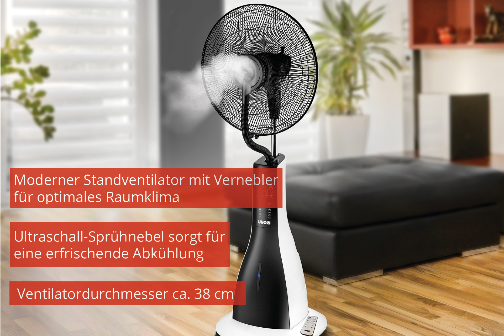 Weiß-schwarzer Ventilator mit Nebelfunktion, mit deutschem Text, der seine Funktionen beschreibt.