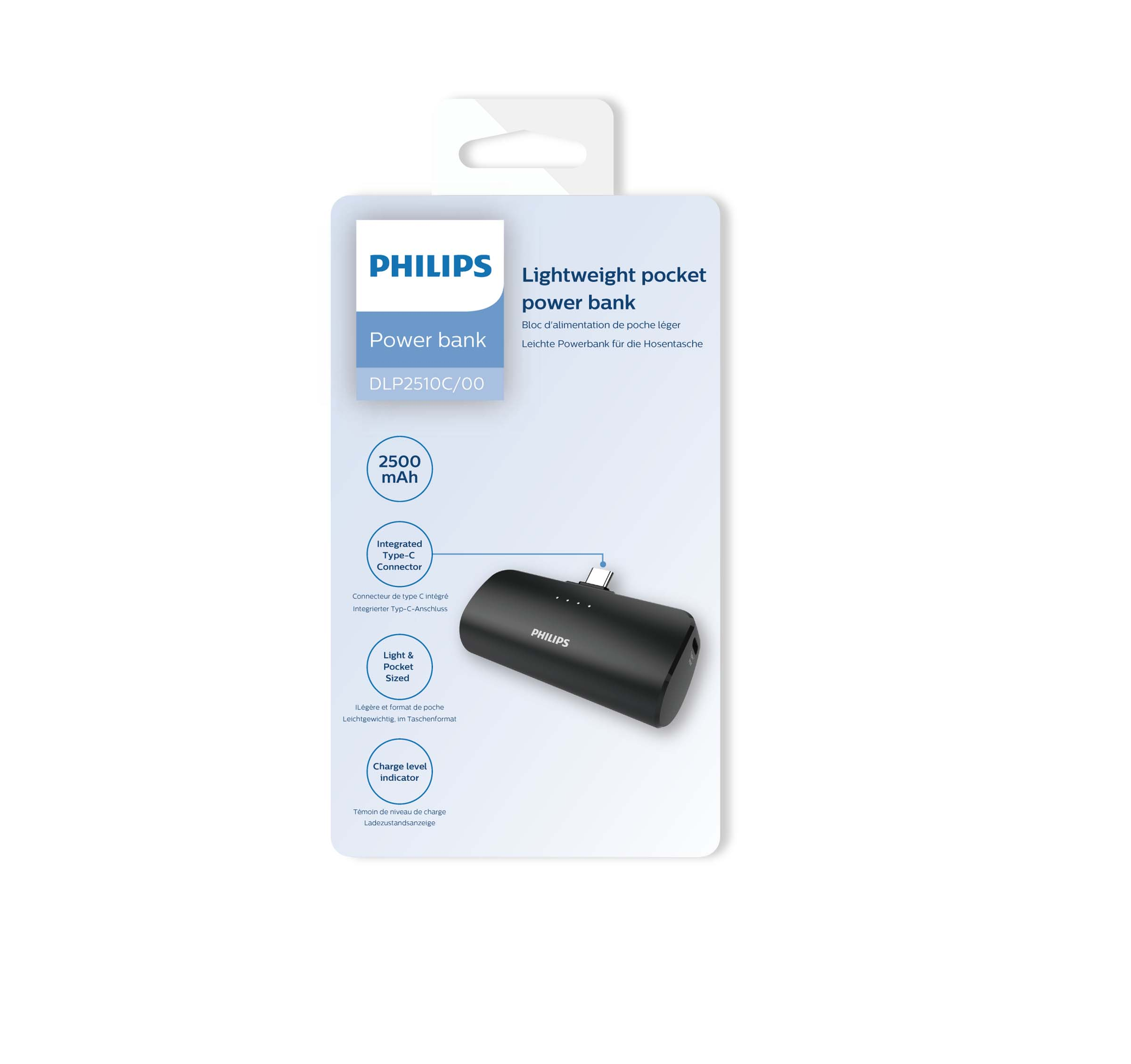 Power bank tascabile leggero Philips in nero, con specifiche sulla confezione.