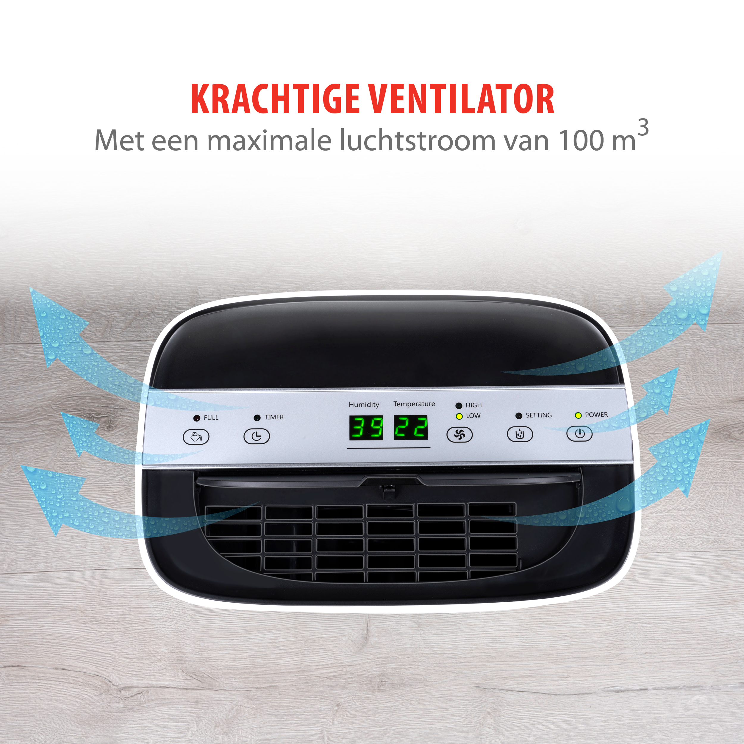 Een witte ventilator met zwarte bladen wordt getoond, met het Tristar-logo, op een witte achtergrond.