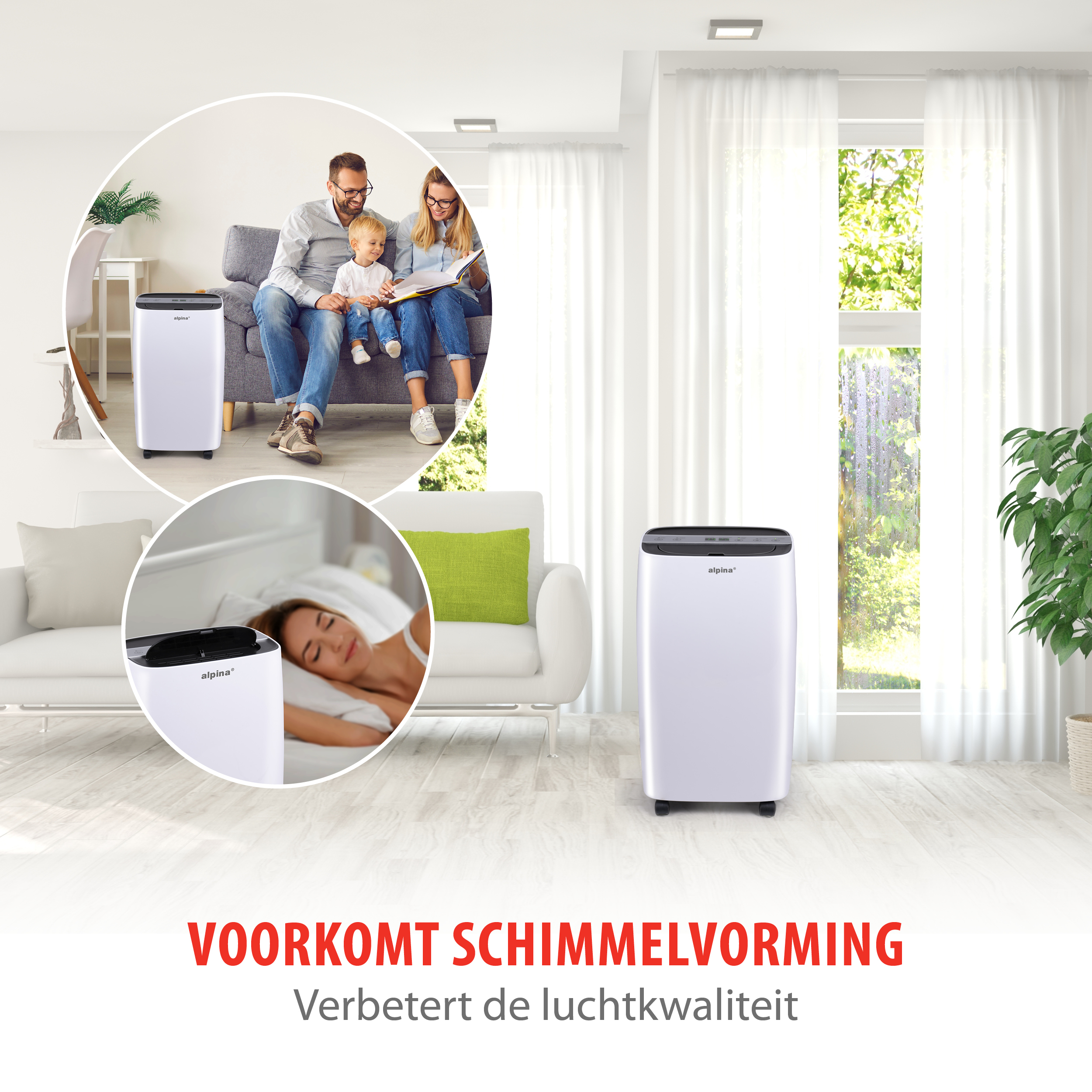 Een afbeelding met een luchtreiniger, een gezin en een slapende vrouw. Tekst: "Voorkomt schimmel".