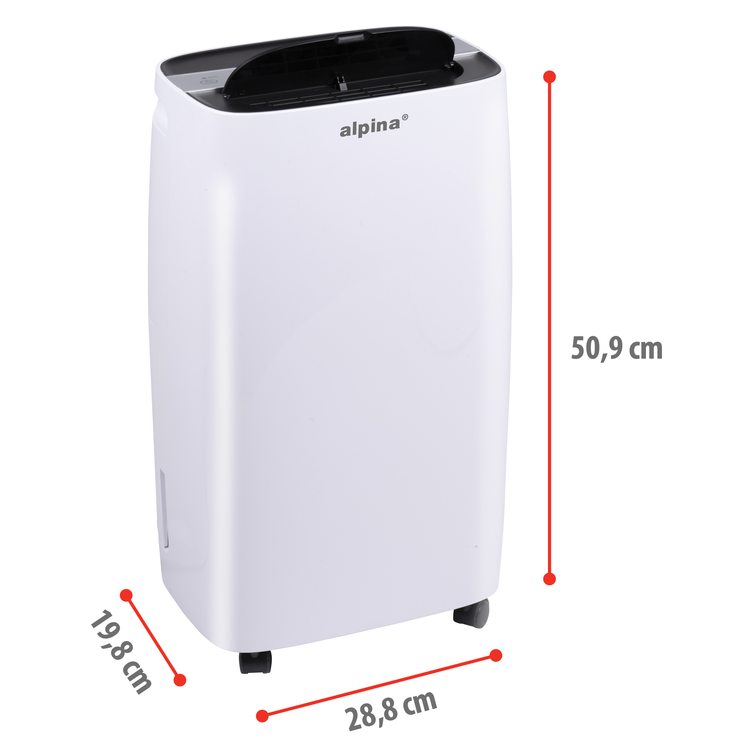 Witte Alpina luchtontvochtiger met afmetingen in centimeters.