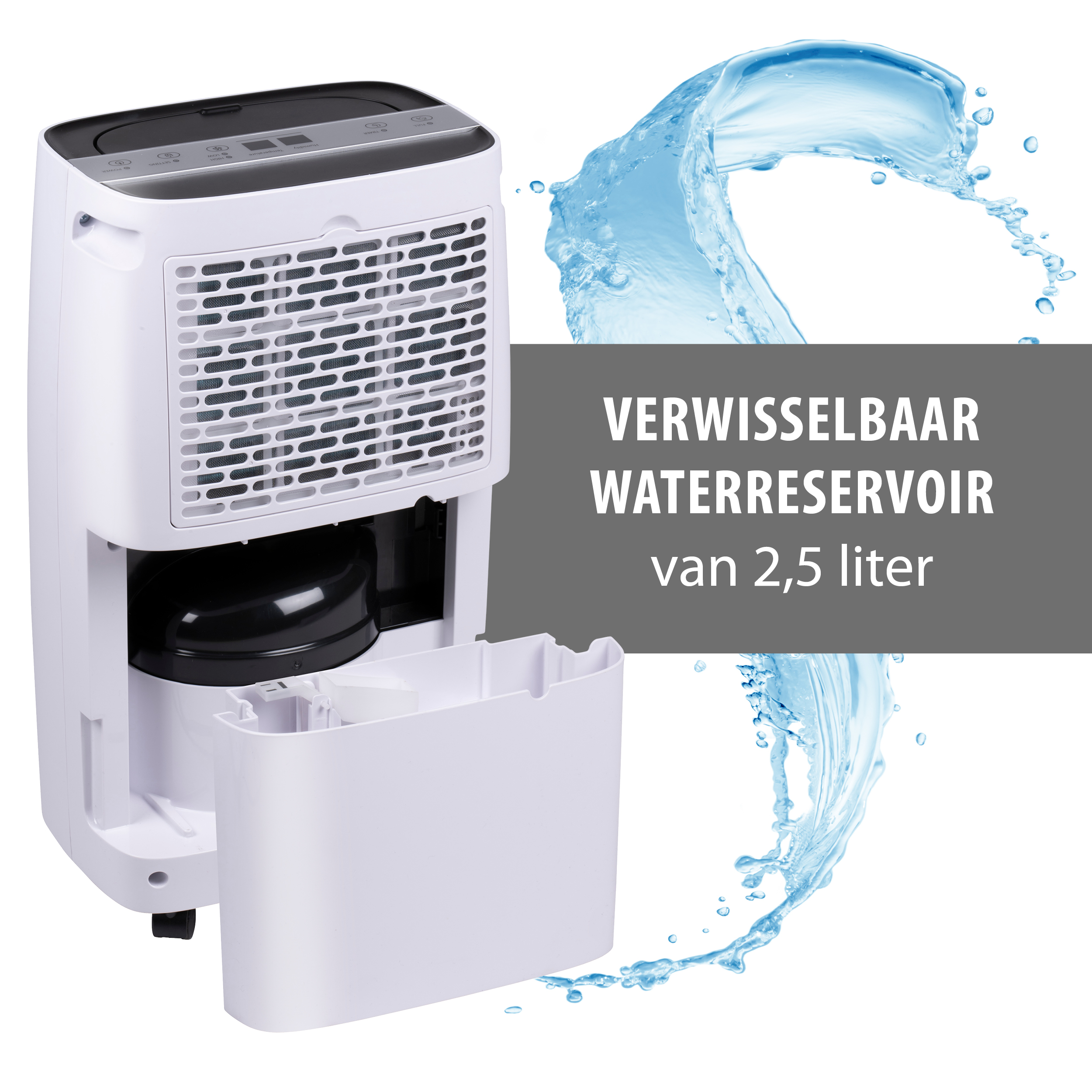Witte luchtontvochtiger en waterspat. De voorkant toont de watertank en knoppen.