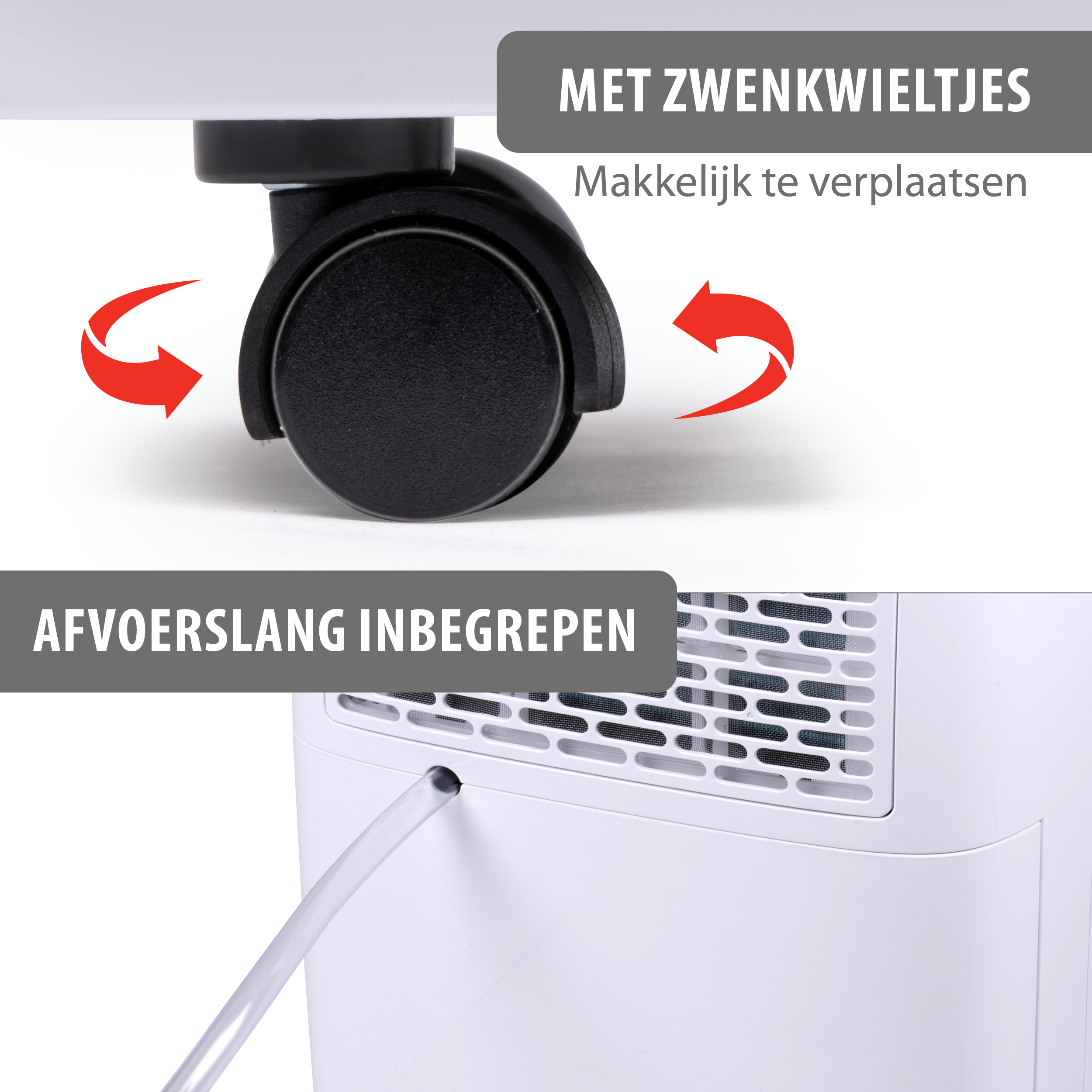 Witte ontvochtiger met wielen. Close-up van wielen en afvoerslang. Tekst overlay.