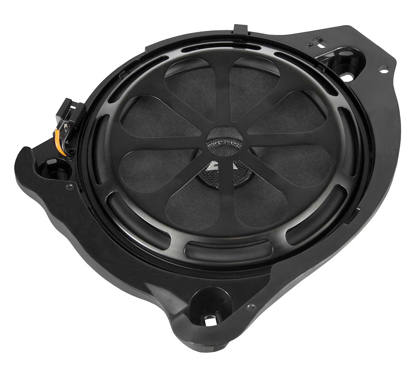 Schwarzer Auto-Subwoofer. Offenes Design, Lautsprecher und Innenteile sichtbar.