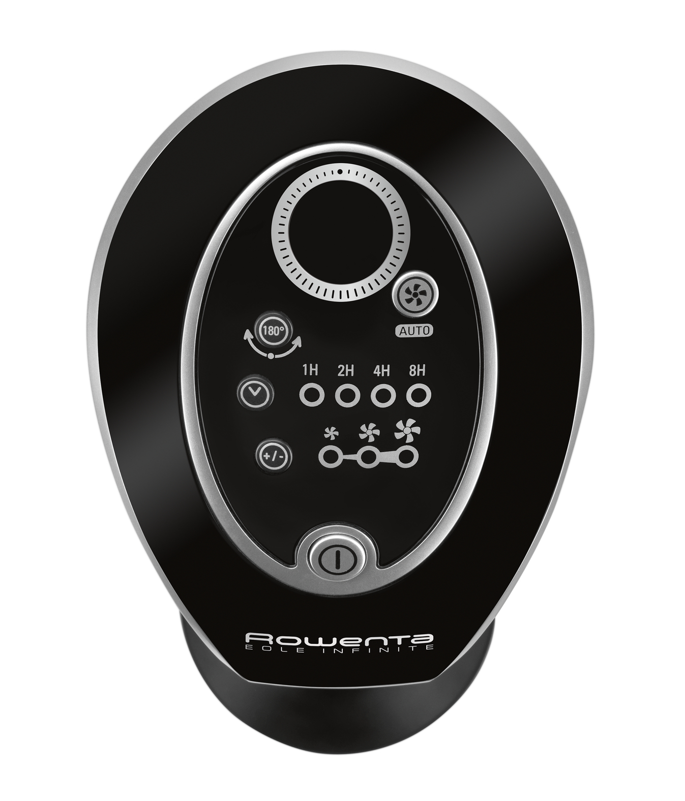 Czarny panel sterowania wentylatorem z przyciskami i wyświetlaczem cyfrowym na białym tle.