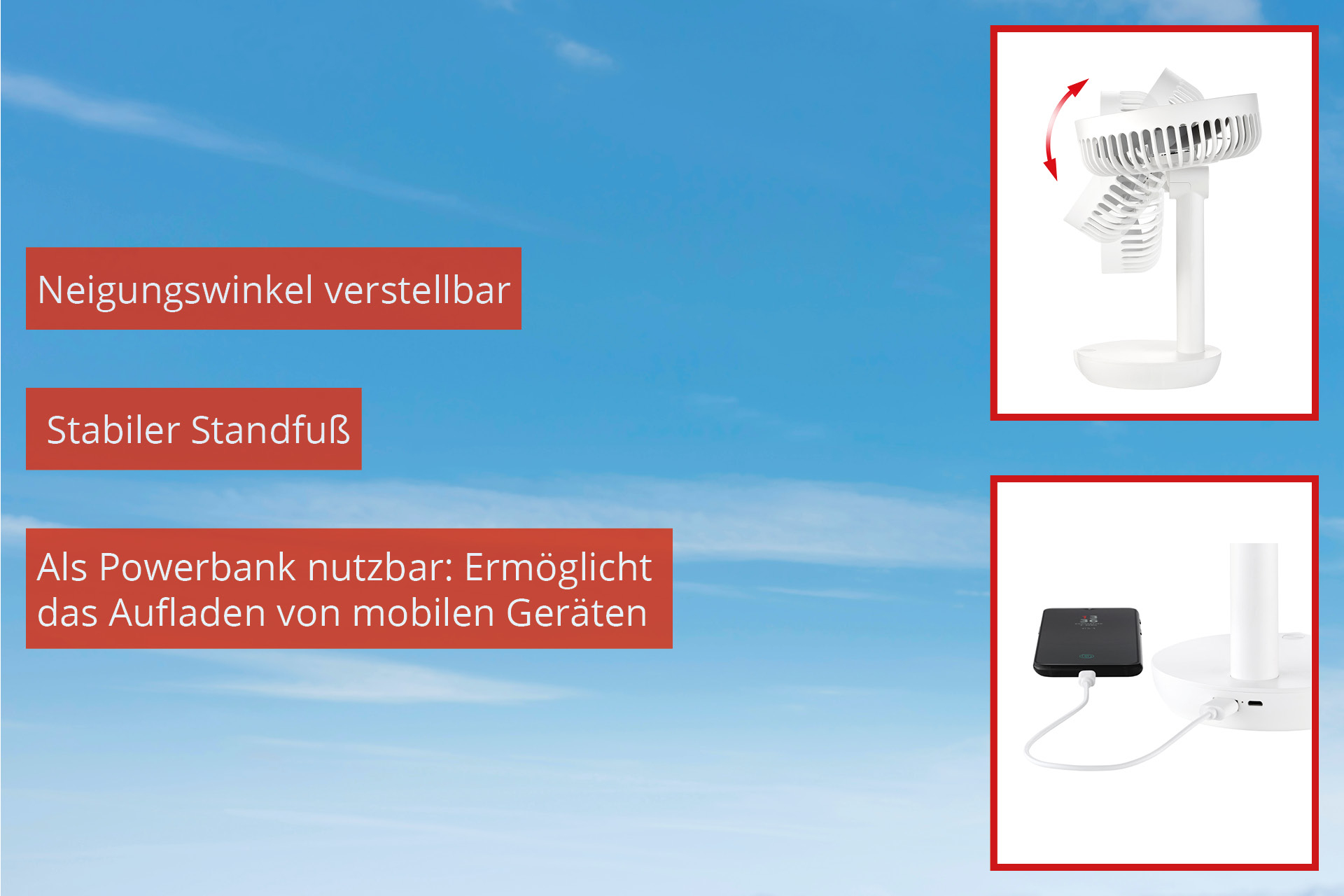 Eine Reihe von Bildern, die einen weißen Ventilator mit einstellbarer Neigung auf blauem Himmel zeigen.
