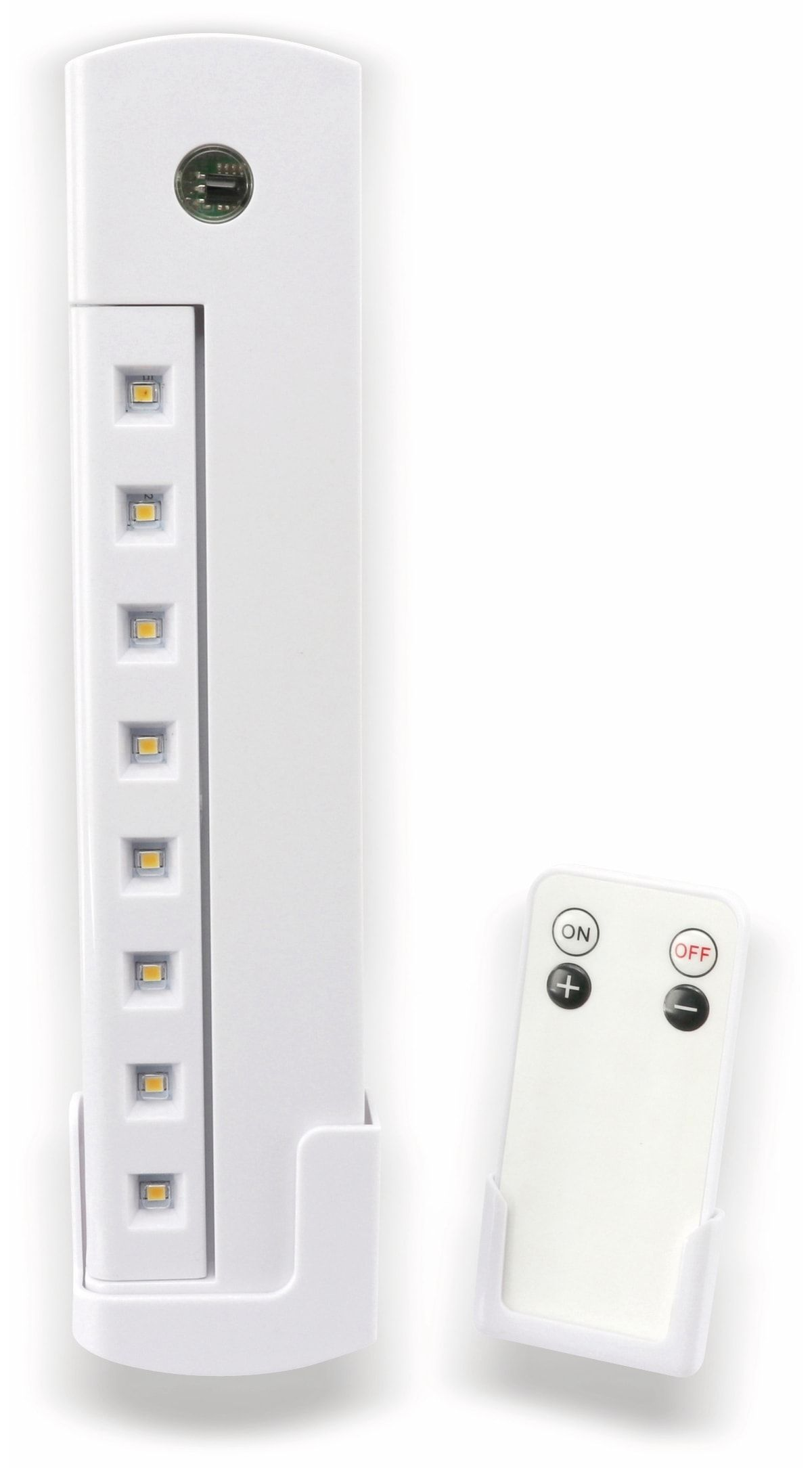 White LED lamp with a remote control on a white background.