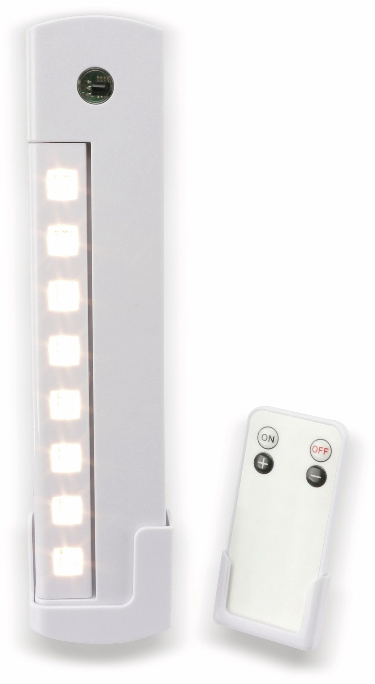 White LED light with remote. The light has multiple LED lights and the remote is white.