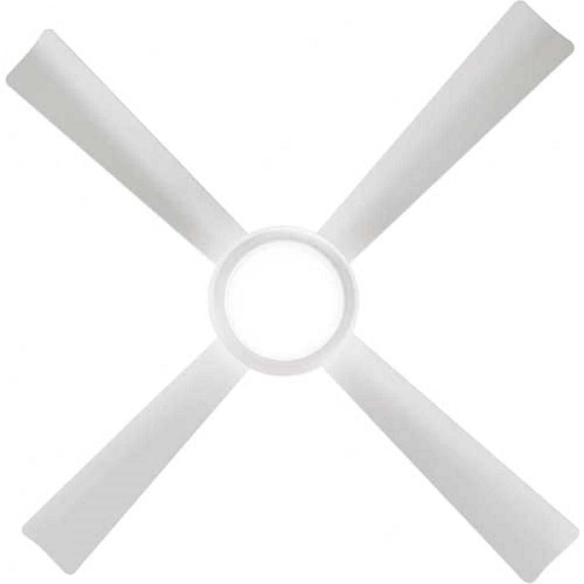 Four white ceiling fan blades arranged in an X-shape against a white background.