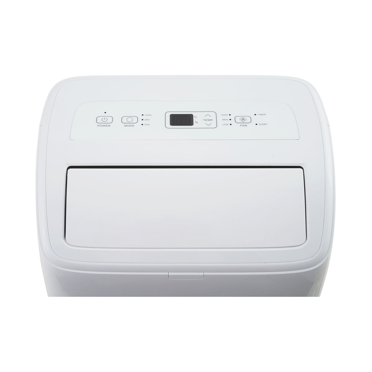 Biała chłodziarka powietrza z panelem sterowania na górze. Posiada przyciski zasilania, trybu, wentylatora i timera.