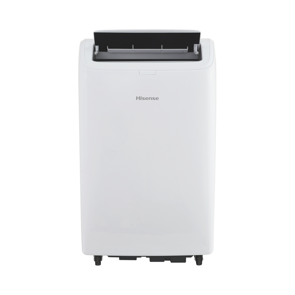 Biały przenośny klimatyzator z czarnym blatem i kółkami na czarnym tle.