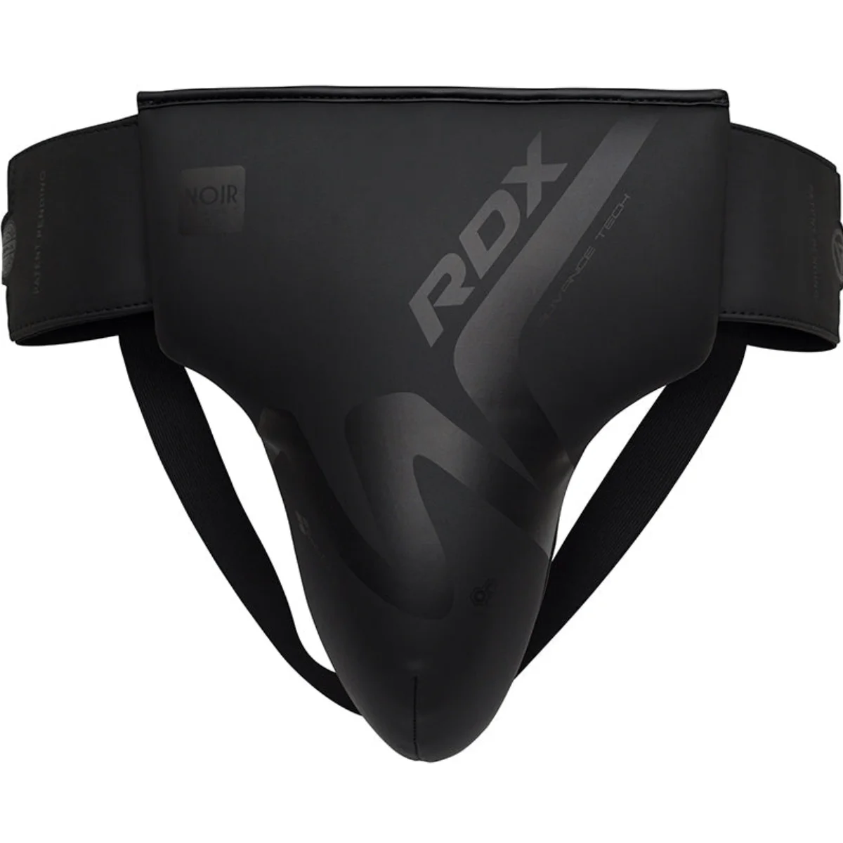 Protège-coquille RDX noir avec un design de soutien et le logo de la marque.