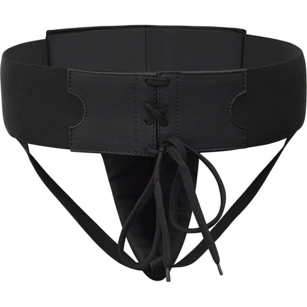 Support athlétique noir avec laçage devant et ceinture élastique.