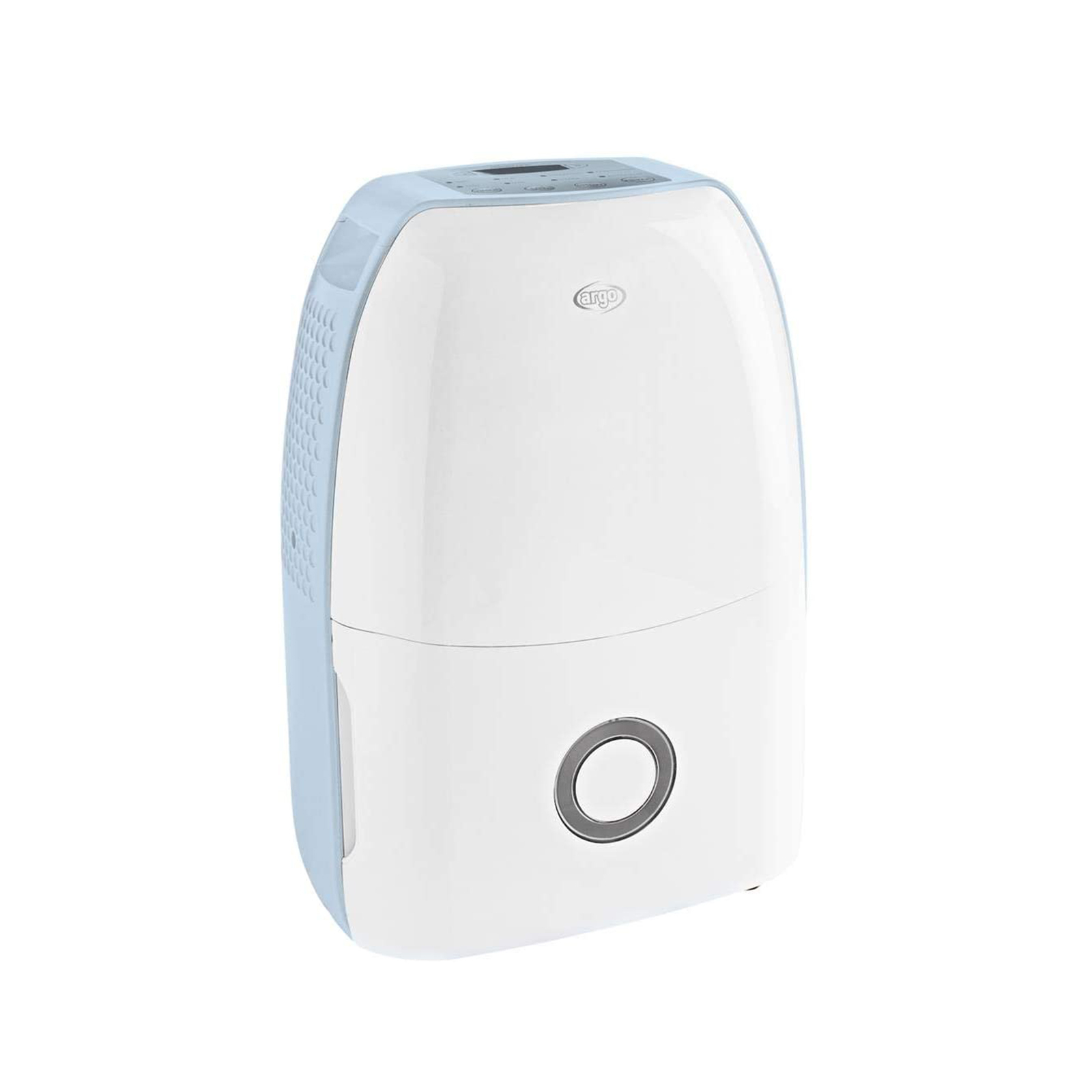Un deumidificatore bianco e blu su sfondo bianco, con un pulsante circolare sopra.