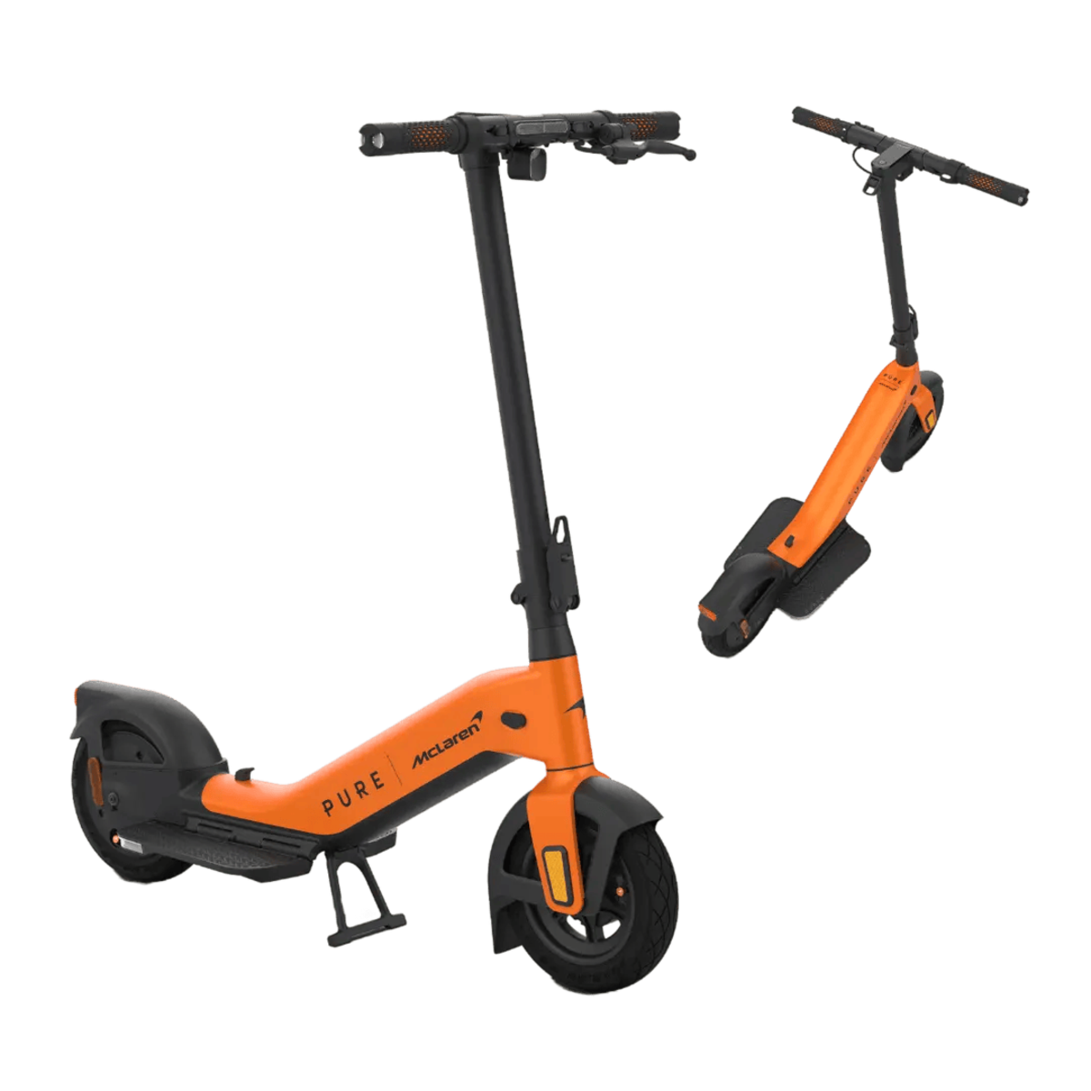 Oranger Elektroroller, zwei Roller, schwarz-oranges Design.