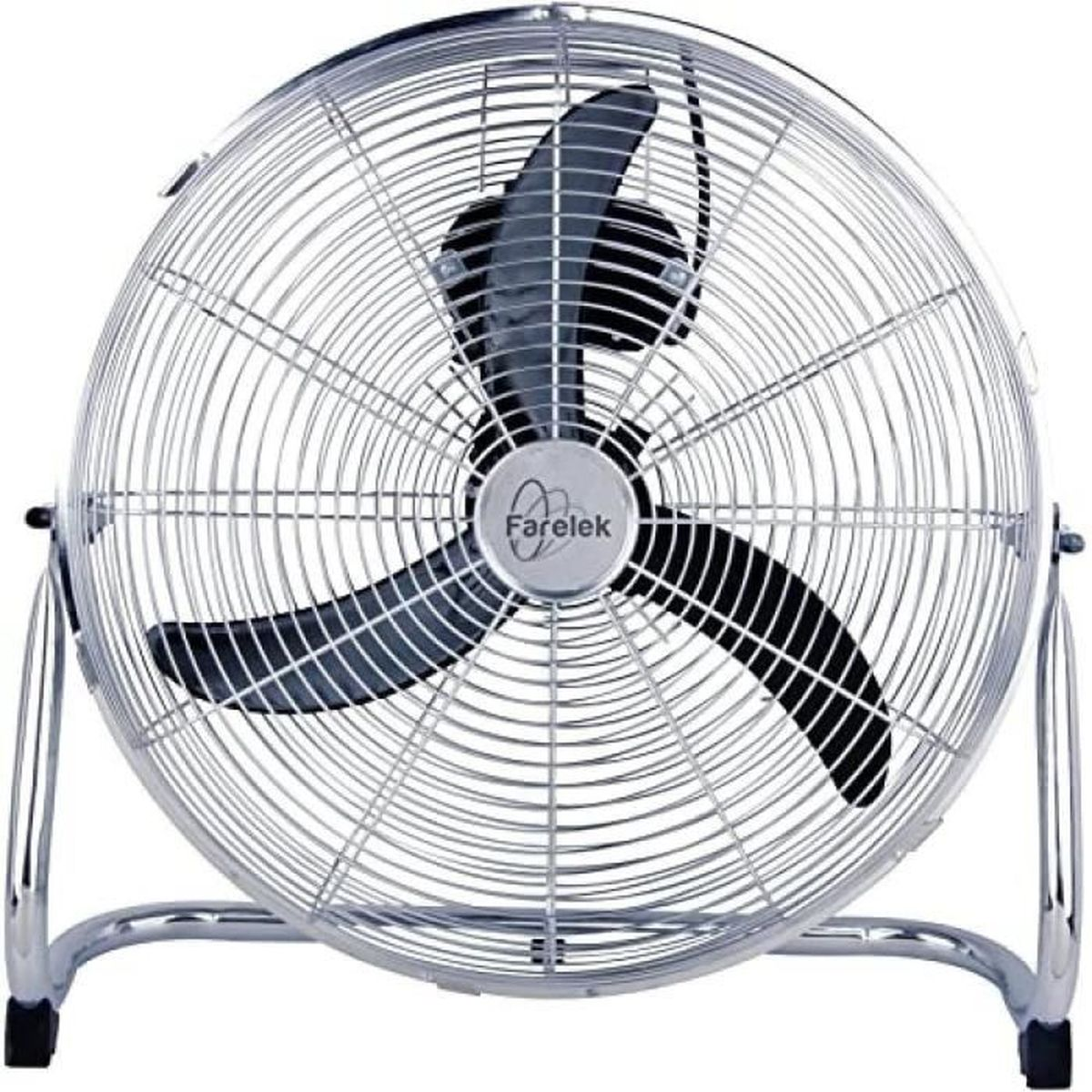 Un primo piano di un ventilatore in metallo con pale nere, su sfondo bianco.