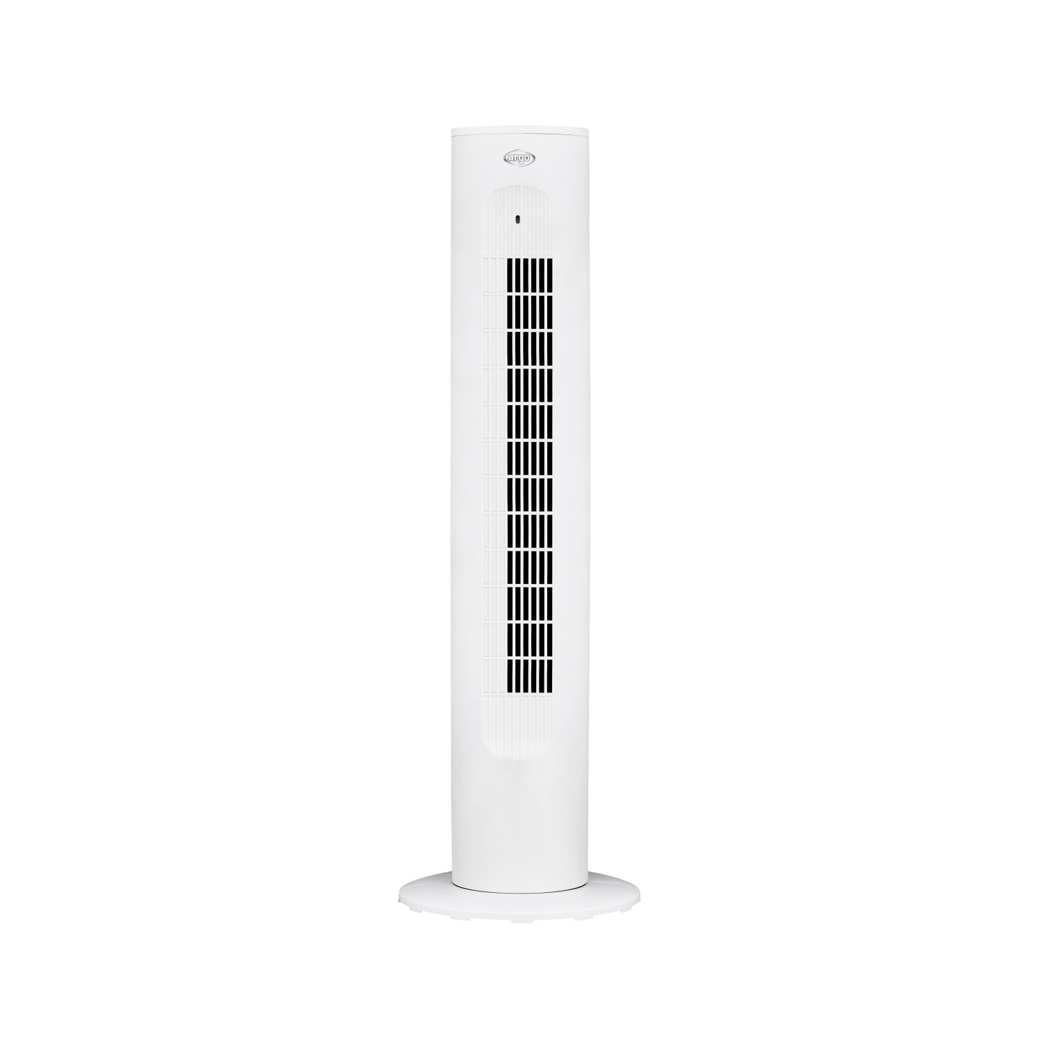 Un ventilatore a torre bianco, alto e sottile, su una base bianca.