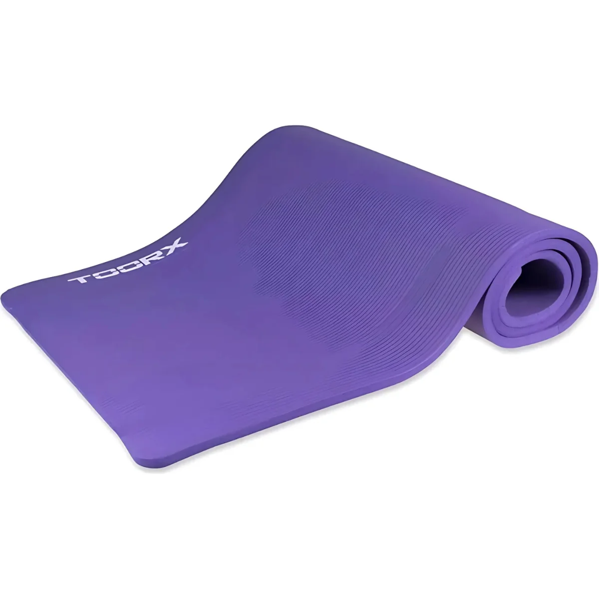 Rolled purple yoga mat on a white surface, with the brand name visible.