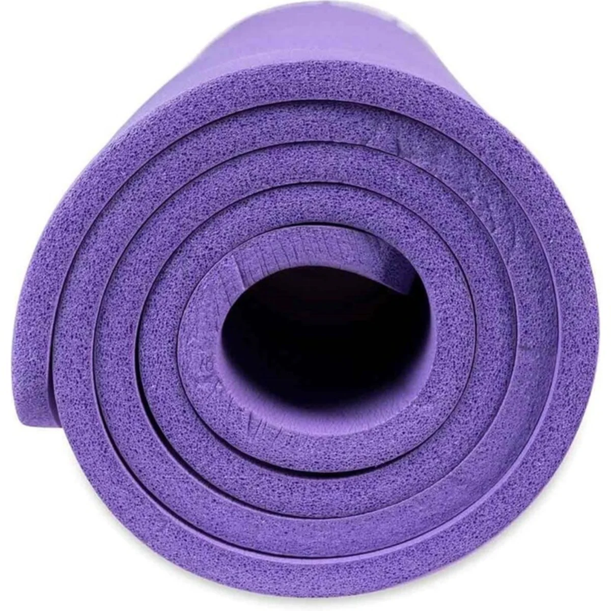 Rolled up purple yoga mat. Shows the layered texture of the mat.