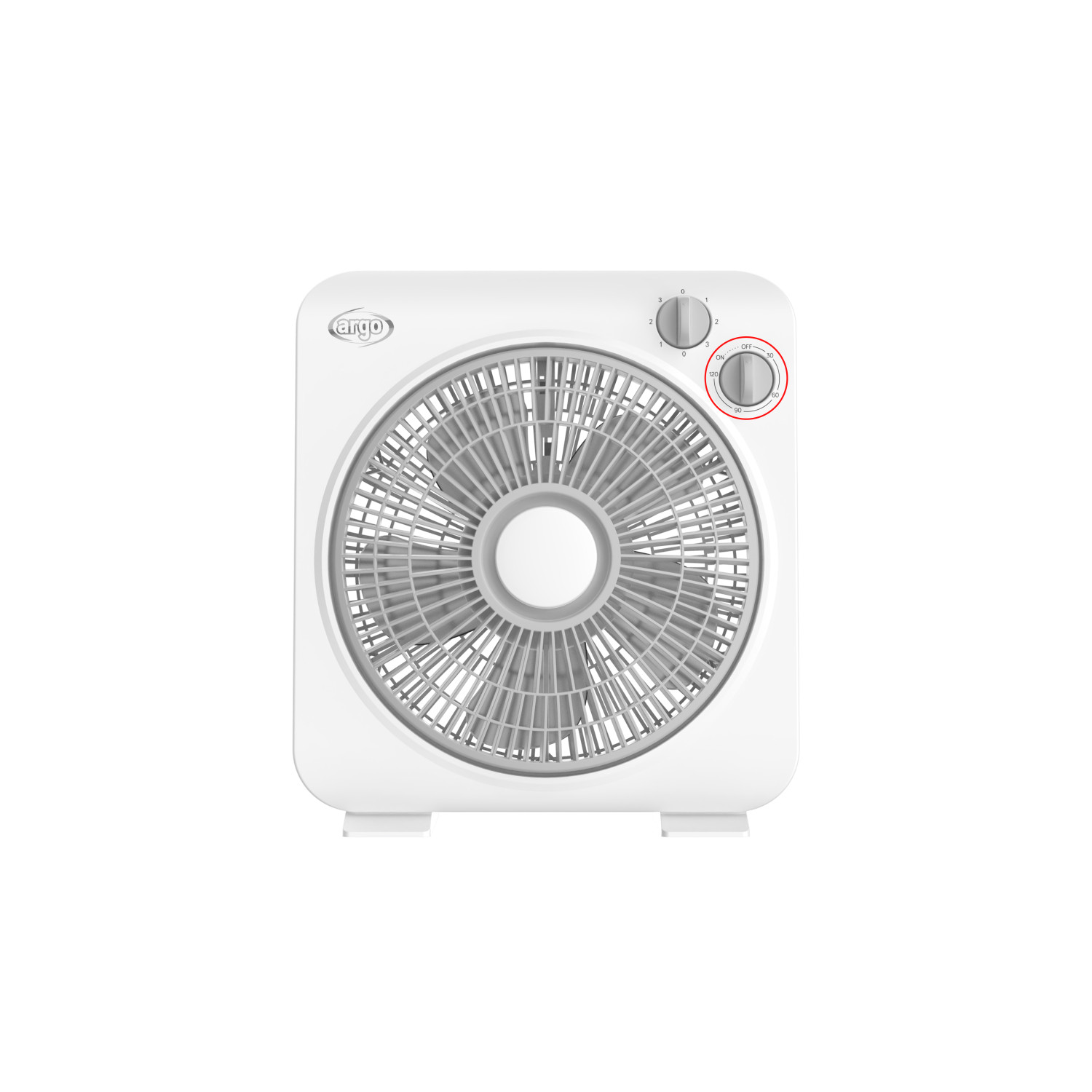 Ventilatore quadrato bianco con pale grigie e manopola di controllo su sfondo bianco.