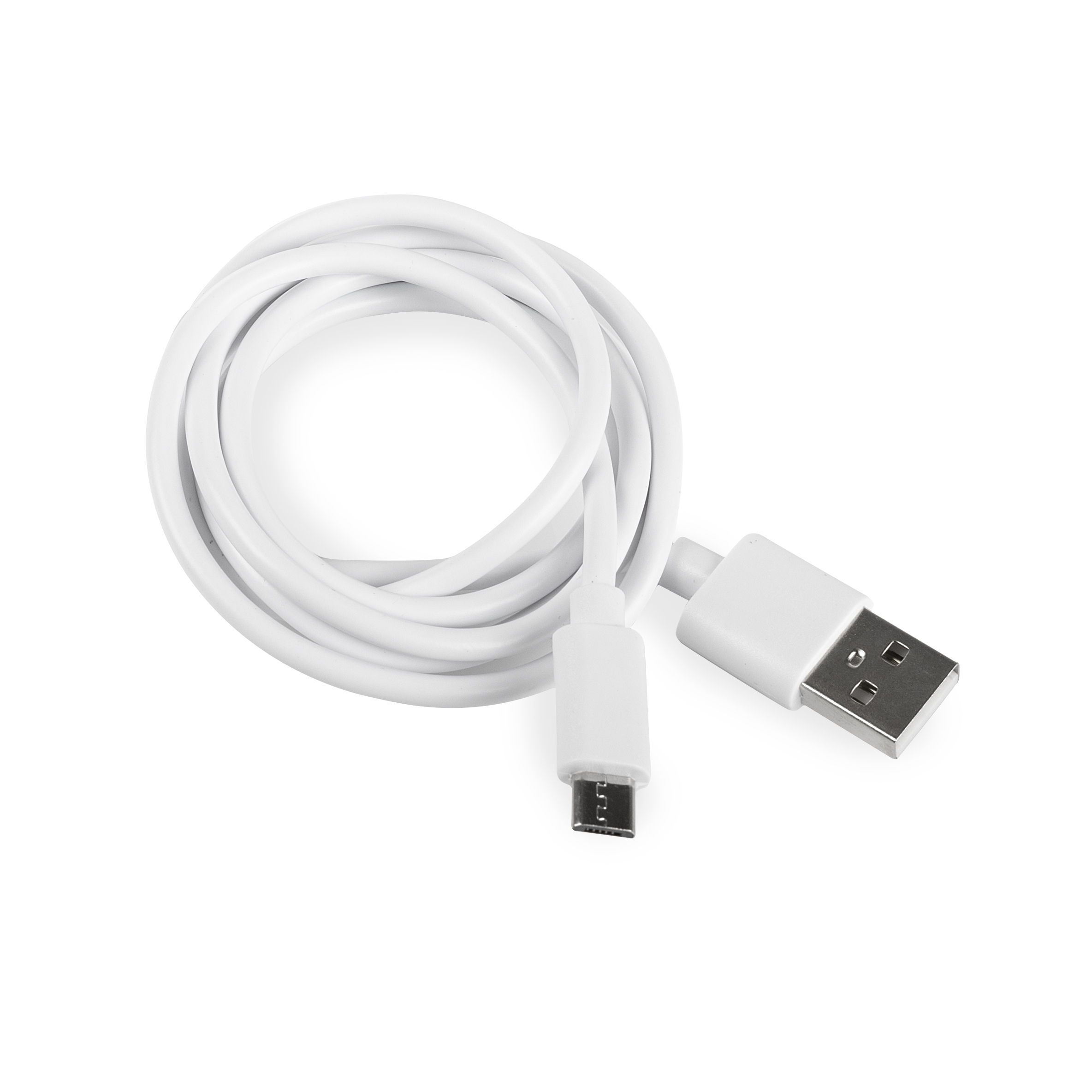 Cavo di ricarica USB bianco, arricciato, con connettori, su sfondo bianco.