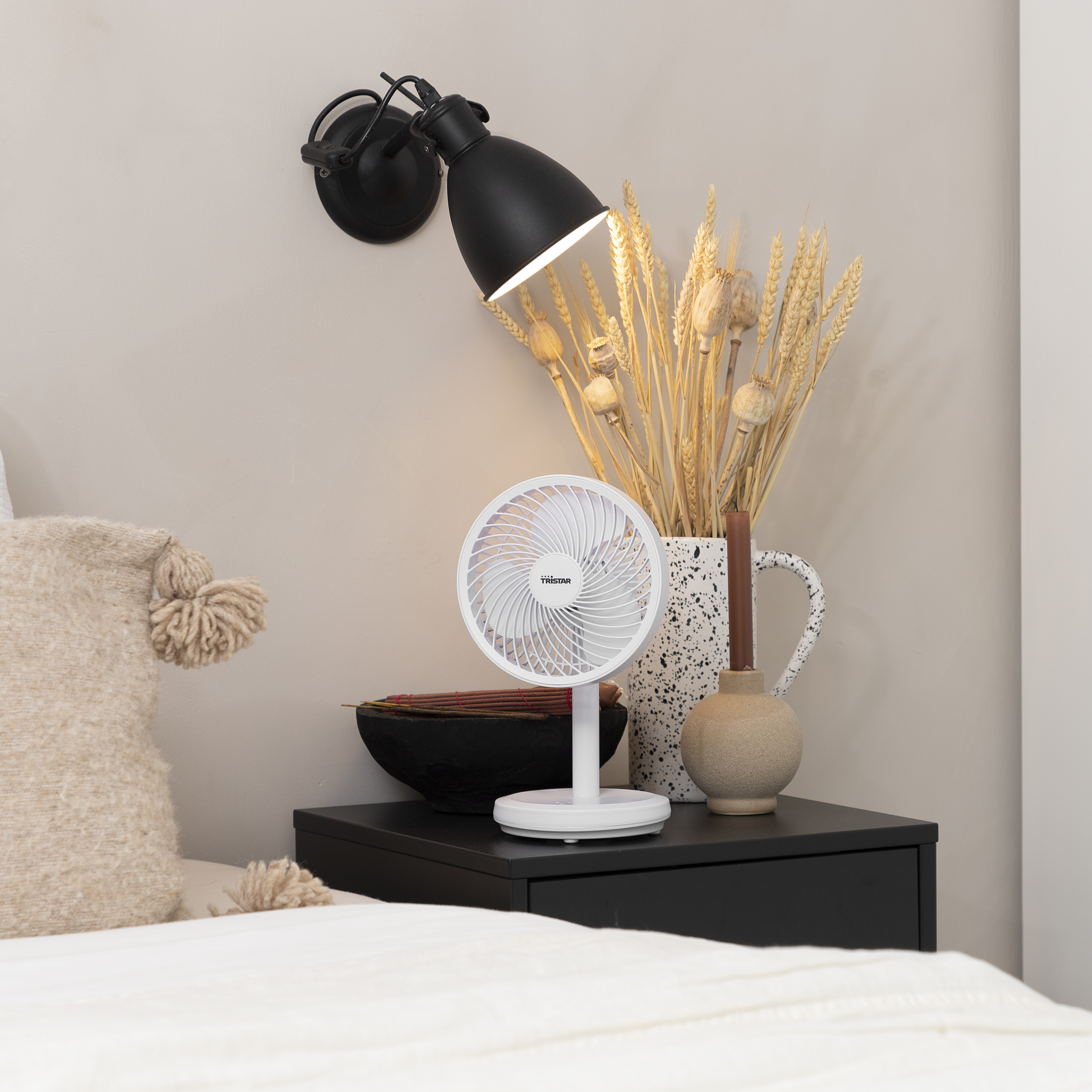 Un ventilatore bianco, una lampada e fiori secchi su un comodino. Sfondo parete beige.