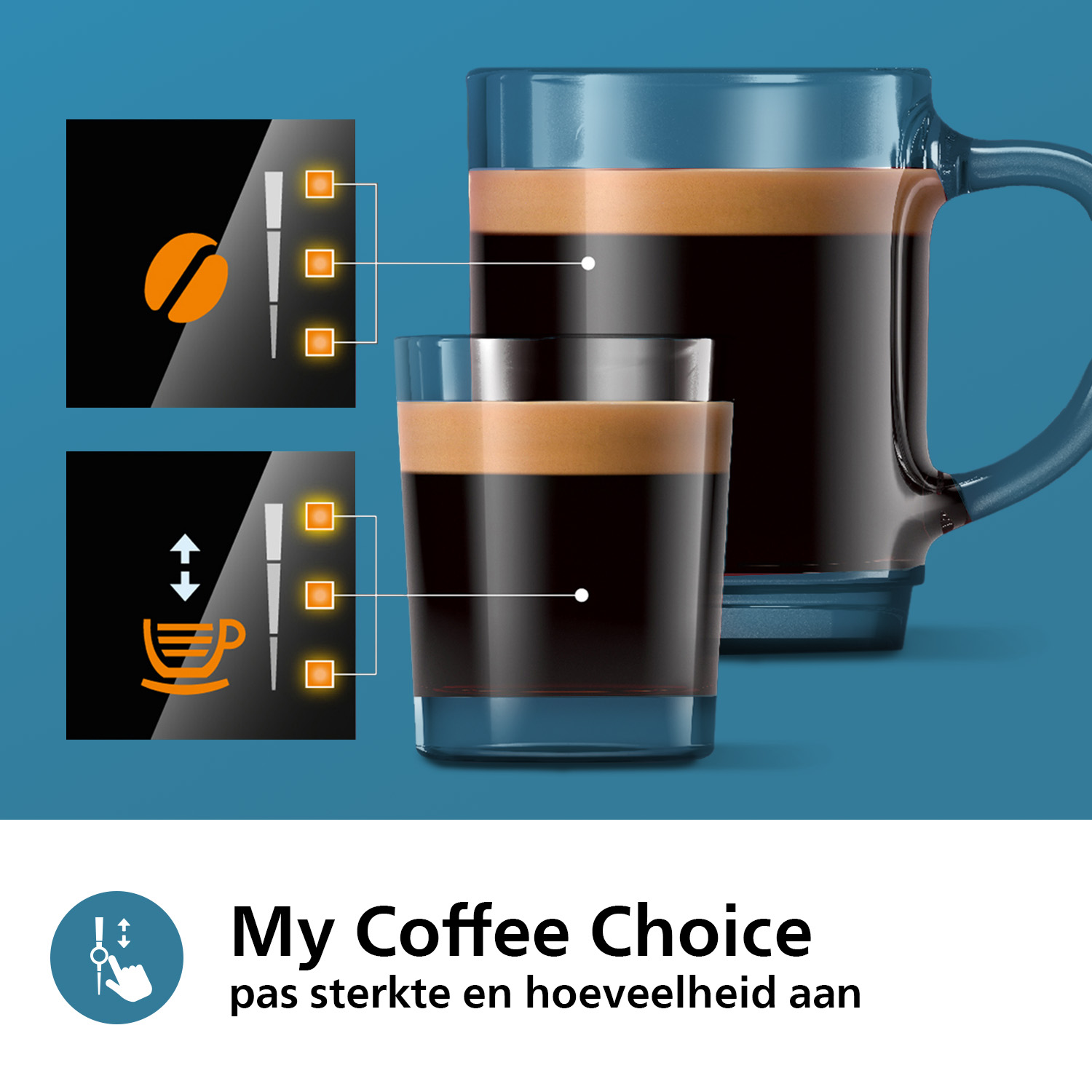 Ekspres do kawy z kawą w dwóch szklankach, schematami obsługi i tekstem po holendersku.