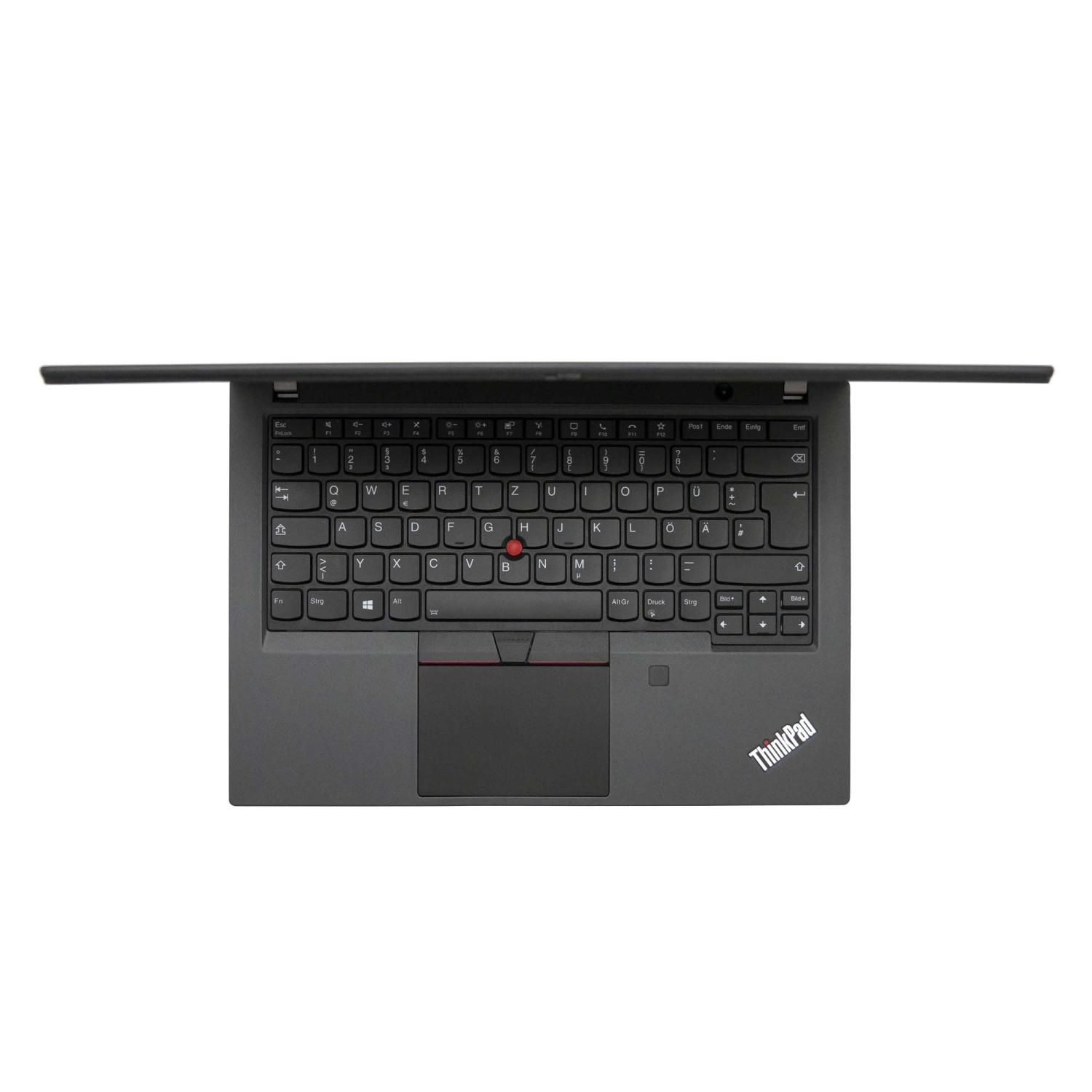 Laptop-Computer, Draufsicht. Schwarze Farbe, offener Deckel mit Tastatur und Touchpad. ThinkPad-Logo sichtbar.