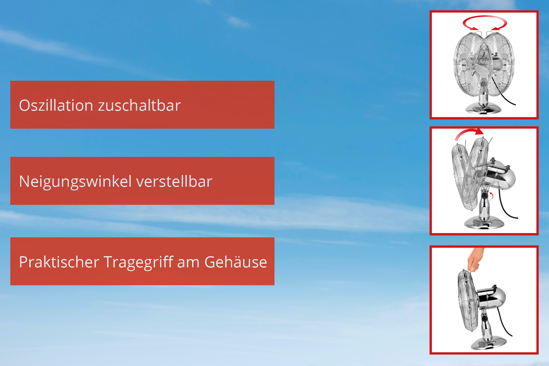 Obrazek przedstawia funkcje wentylatora i tekst. Zawiera oscylację, regulowany kąt i uchwyt do przenoszenia. Niebieskie niebo.
